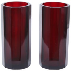 Pair of Bohemian Faceted Ruby Glass Vases, circa 1930s