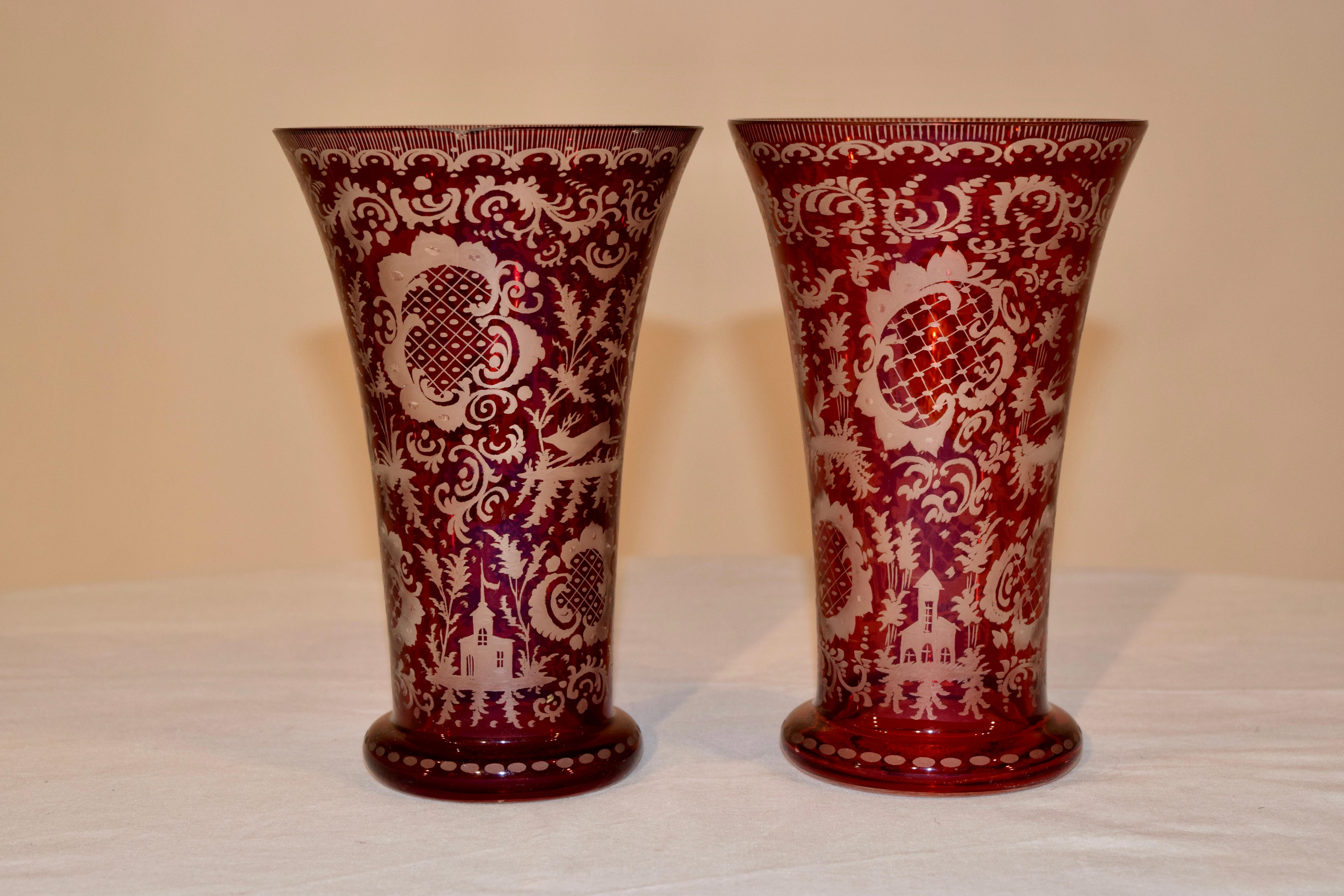 Antique BOHEMIAN CZECH VASE Cased cut to cranberry glass.White overlay.Hand Painted Roses with Gold trim Floral design.Cut top edges.