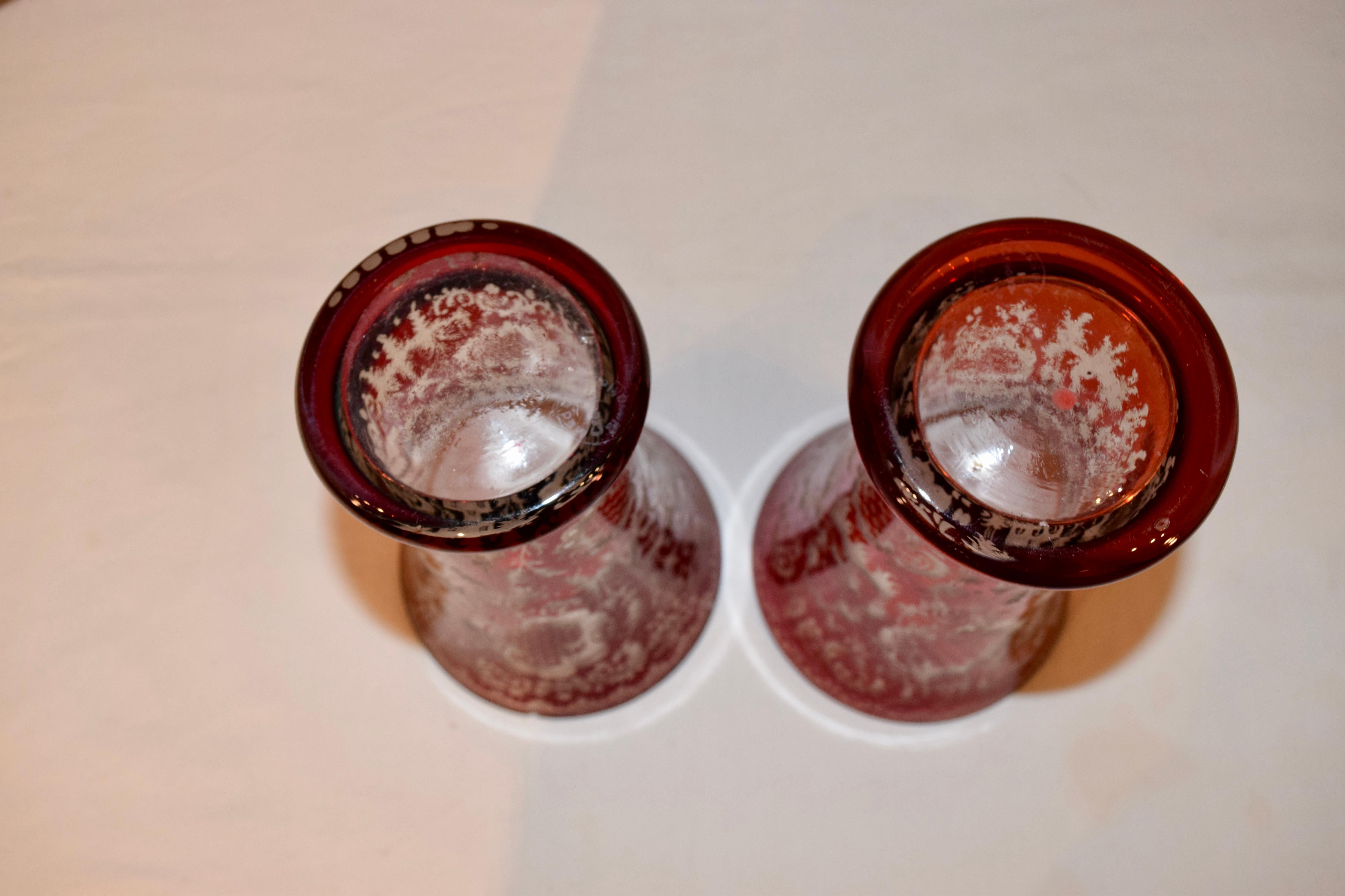 Pair of Bohemian Flashcut Cranberry Glass Vases In Good Condition For Sale In High Point, NC
