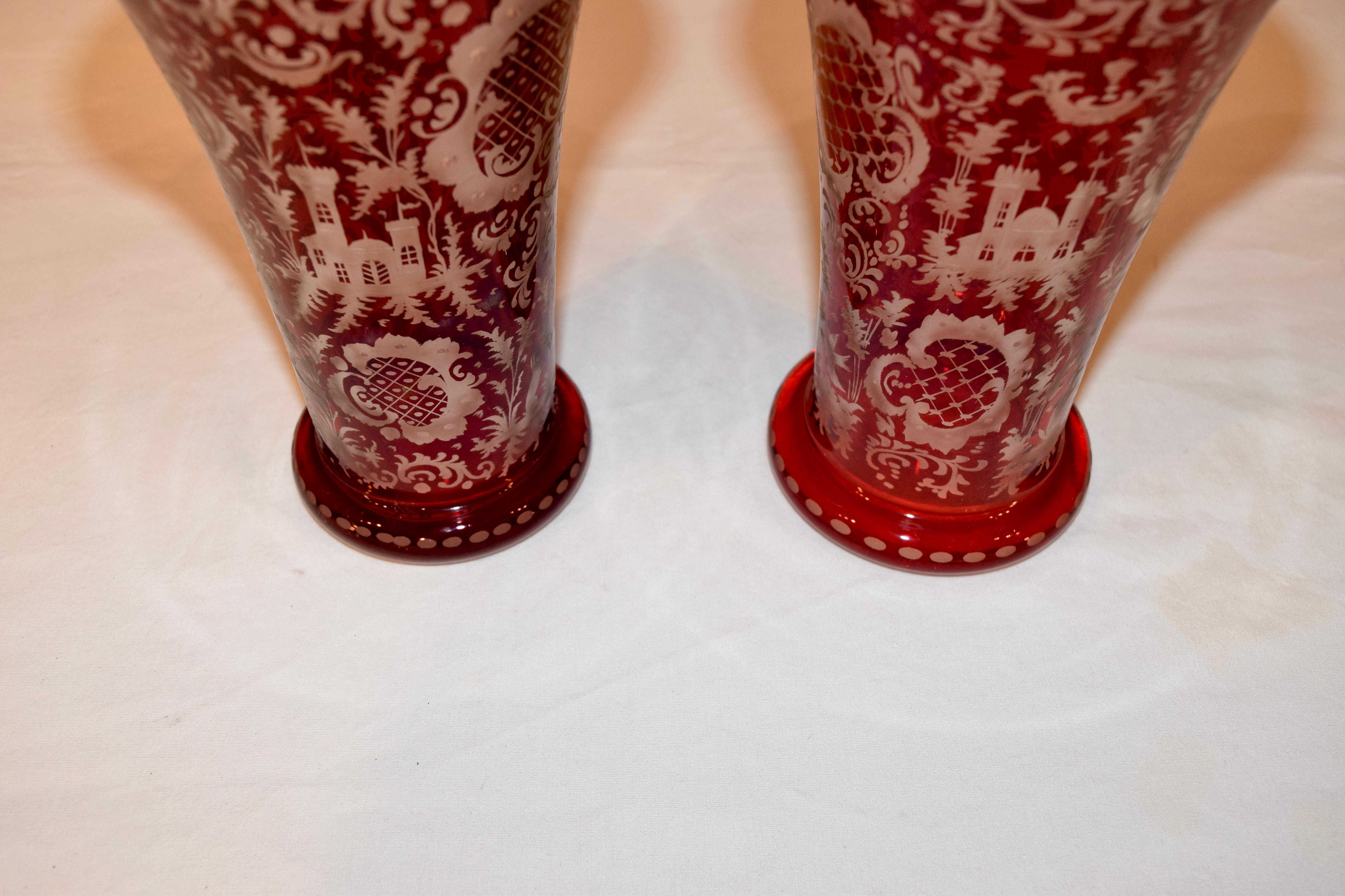 20th Century Pair of Bohemian Flashcut Cranberry Glass Vases For Sale