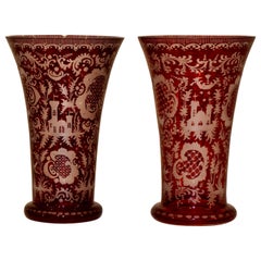 Vintage Pair of Bohemian Flashcut Cranberry Glass Vases