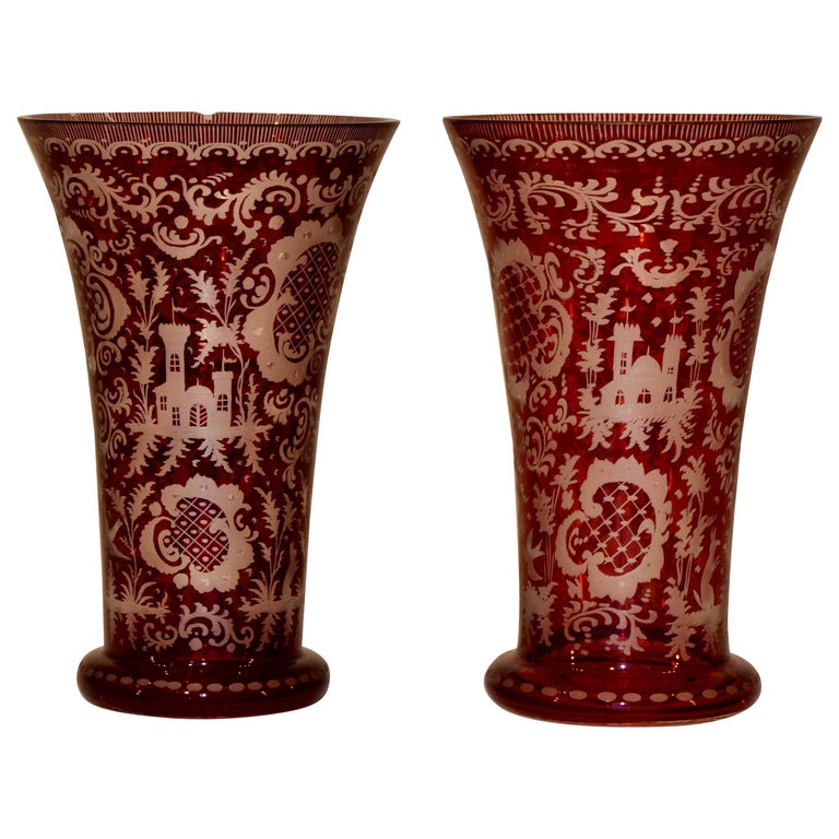 Pair of Bohemian Flashcut Cranberry Glass Vases For Sale at 1stDibs |  bohemian cranberry glass, bohemian vases for sale, antique cranberry  glassware