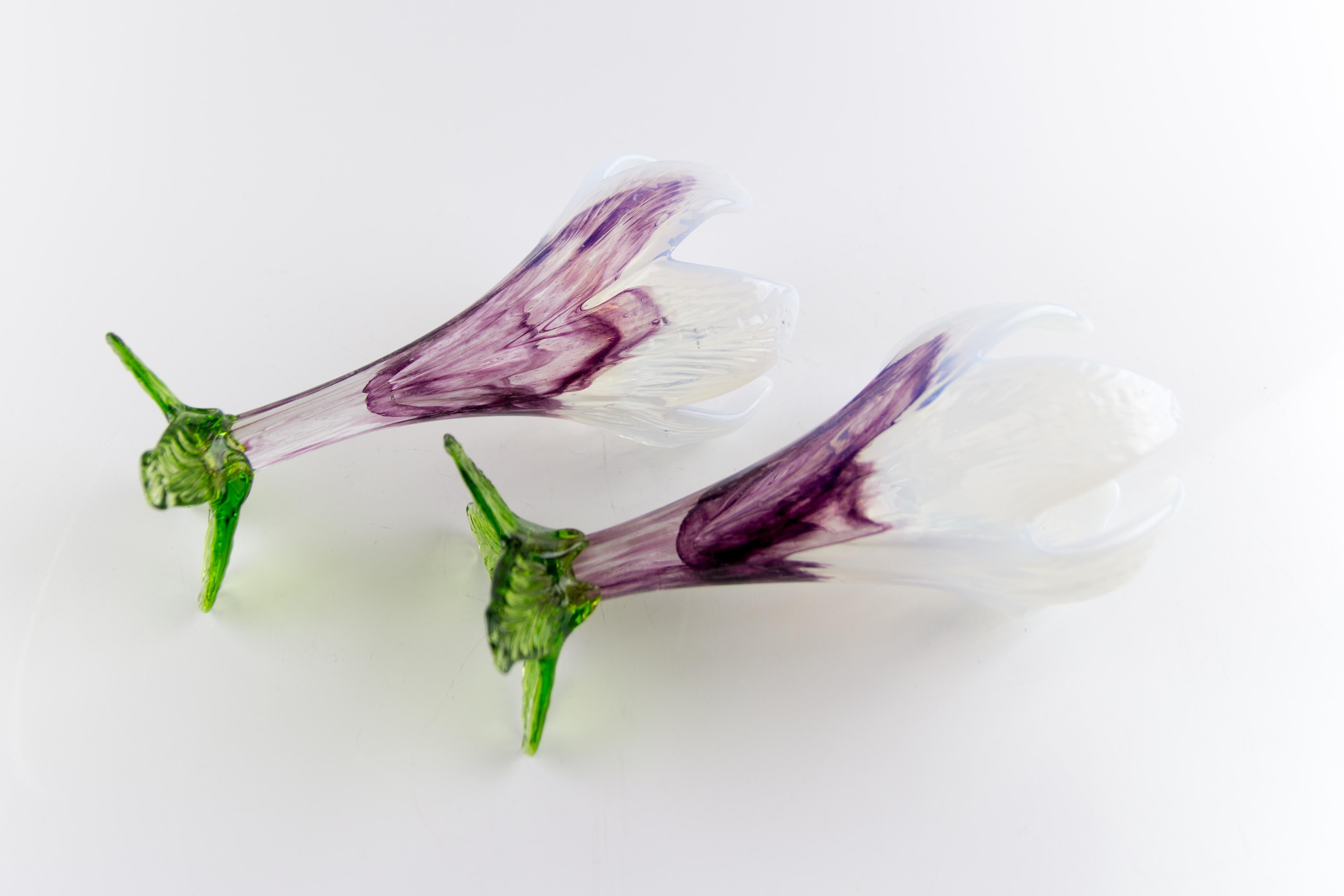 Pair of Bohemian Floriform White, Purple and Green Art Glass Flower Vases 4