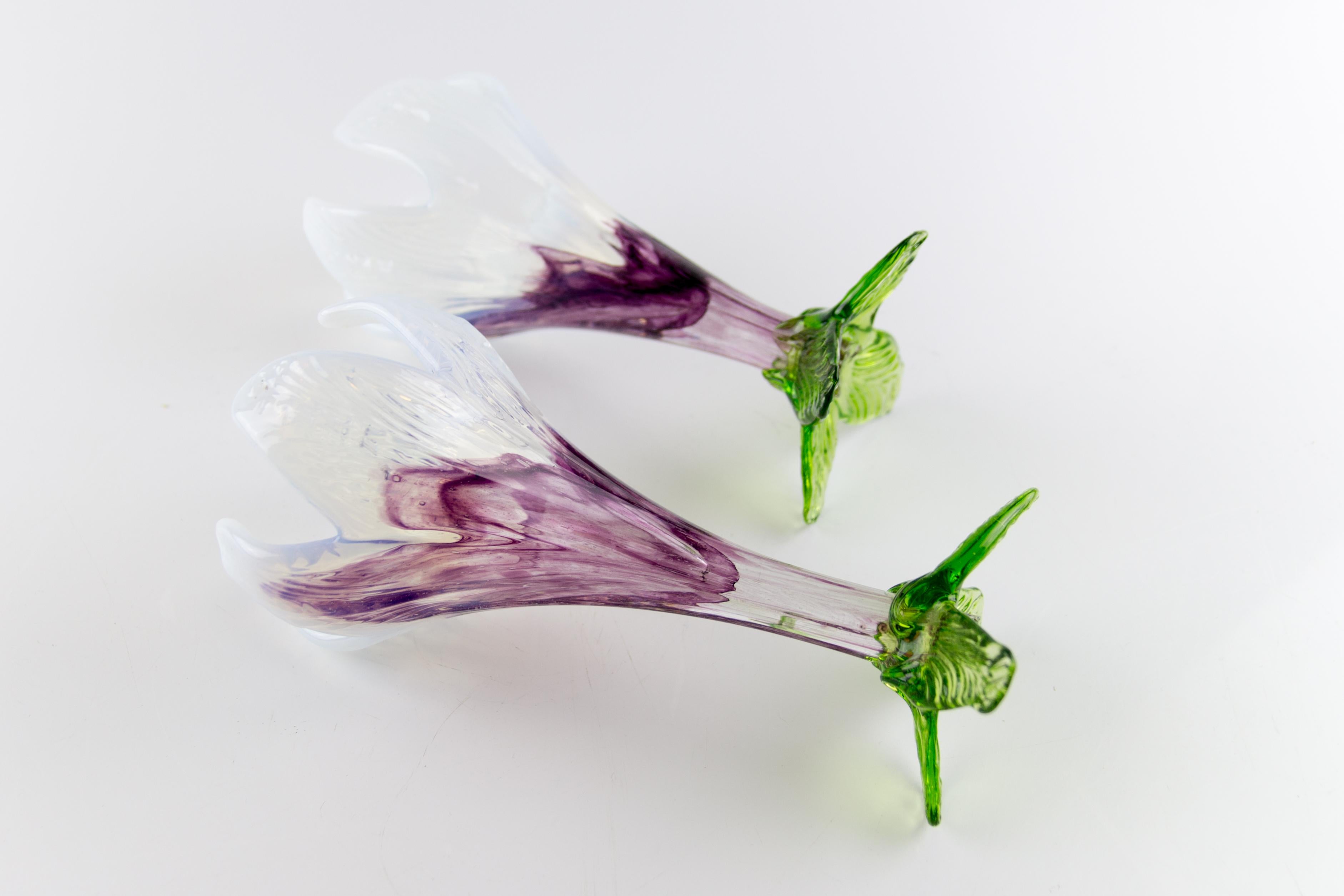 Pair of Bohemian Floriform White, Purple and Green Art Glass Flower Vases 5
