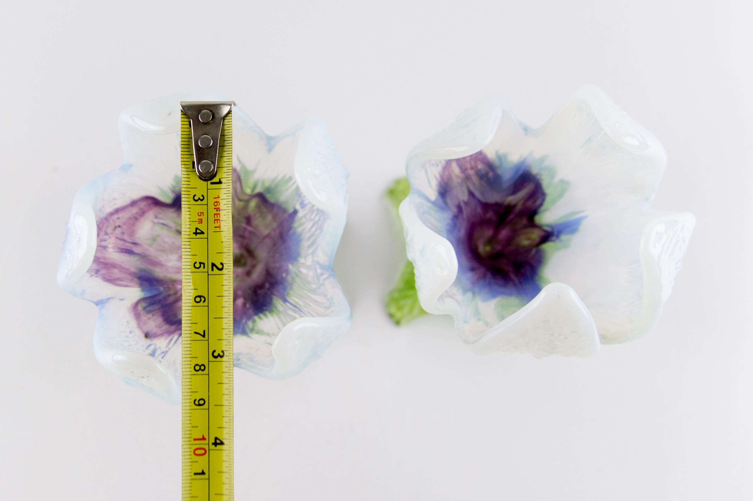 Pair of Bohemian Floriform White, Purple and Green Art Glass Flower Vases 7