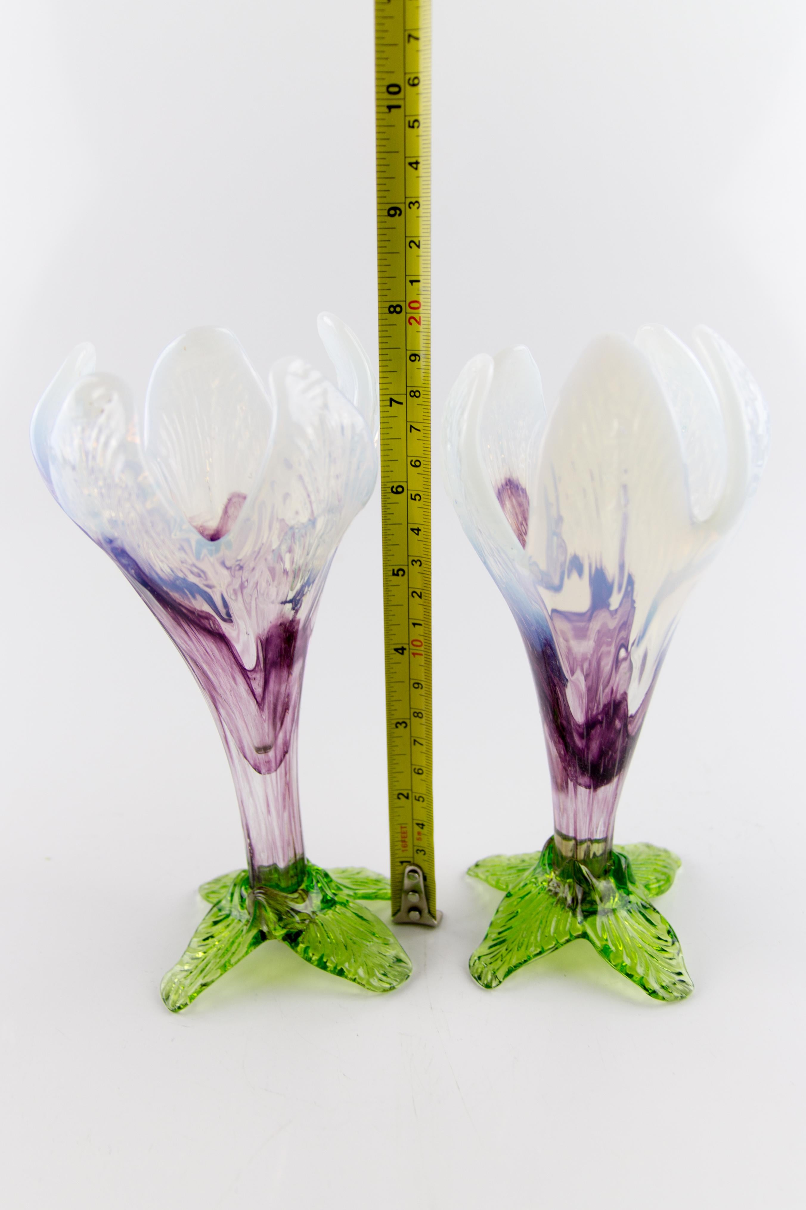 Pair of Bohemian Floriform White, Purple and Green Art Glass Flower Vases 8