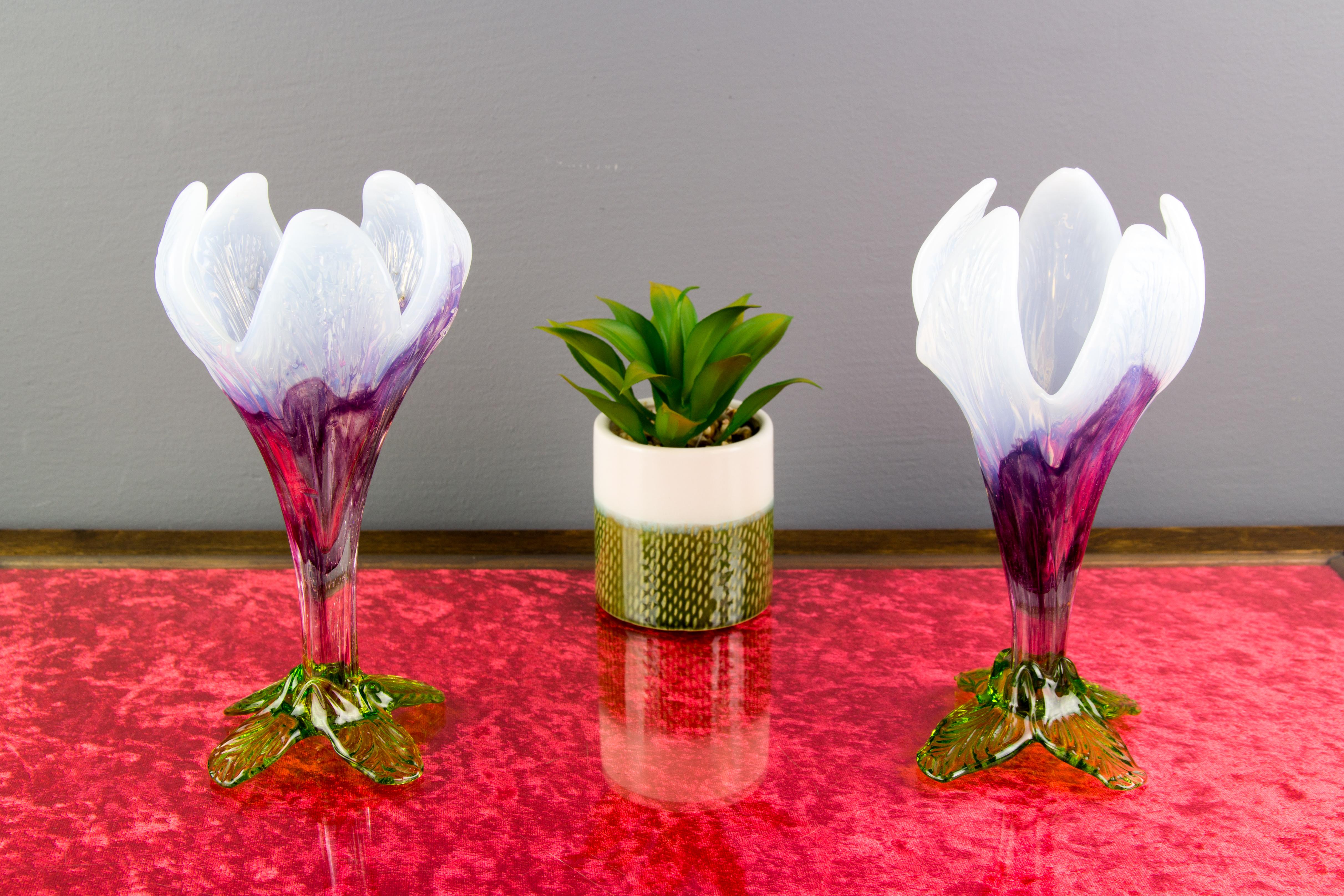 Pair of Bohemian Floriform White, Purple and Green Art Glass Flower Vases 9