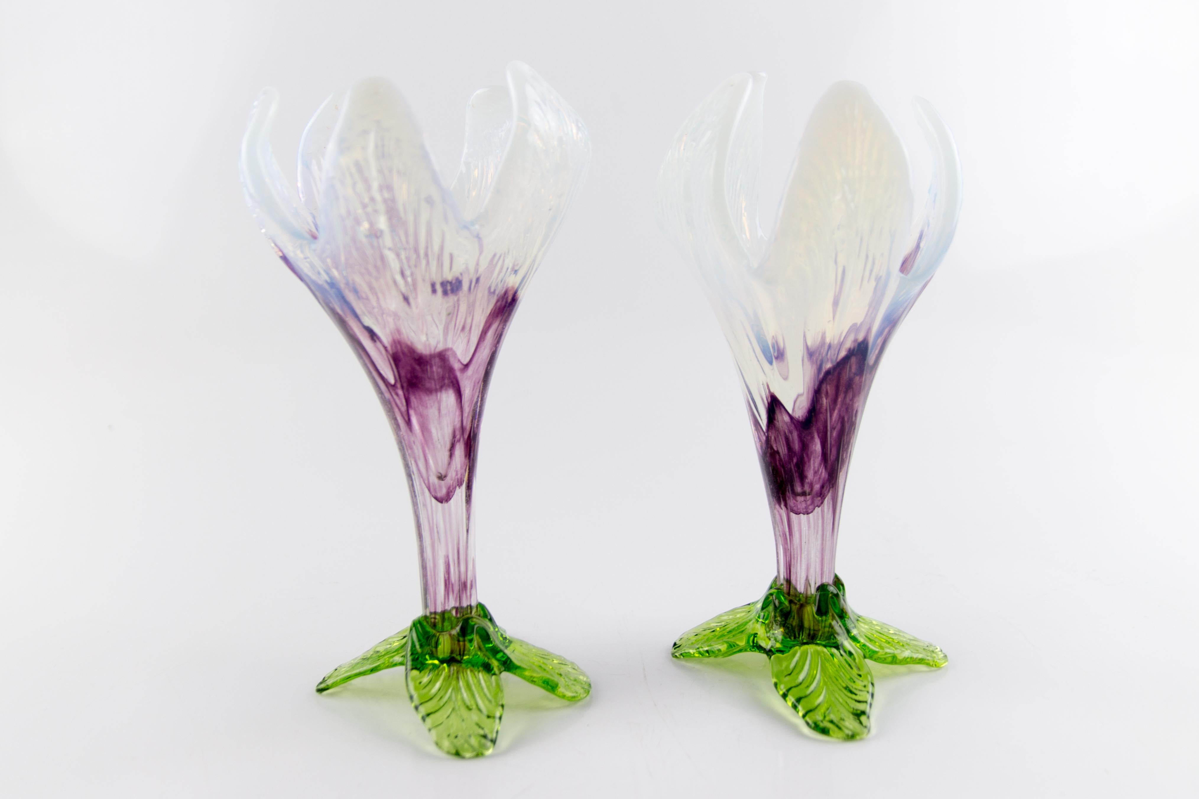 Art Nouveau Pair of Bohemian Floriform White, Purple and Green Art Glass Flower Vases