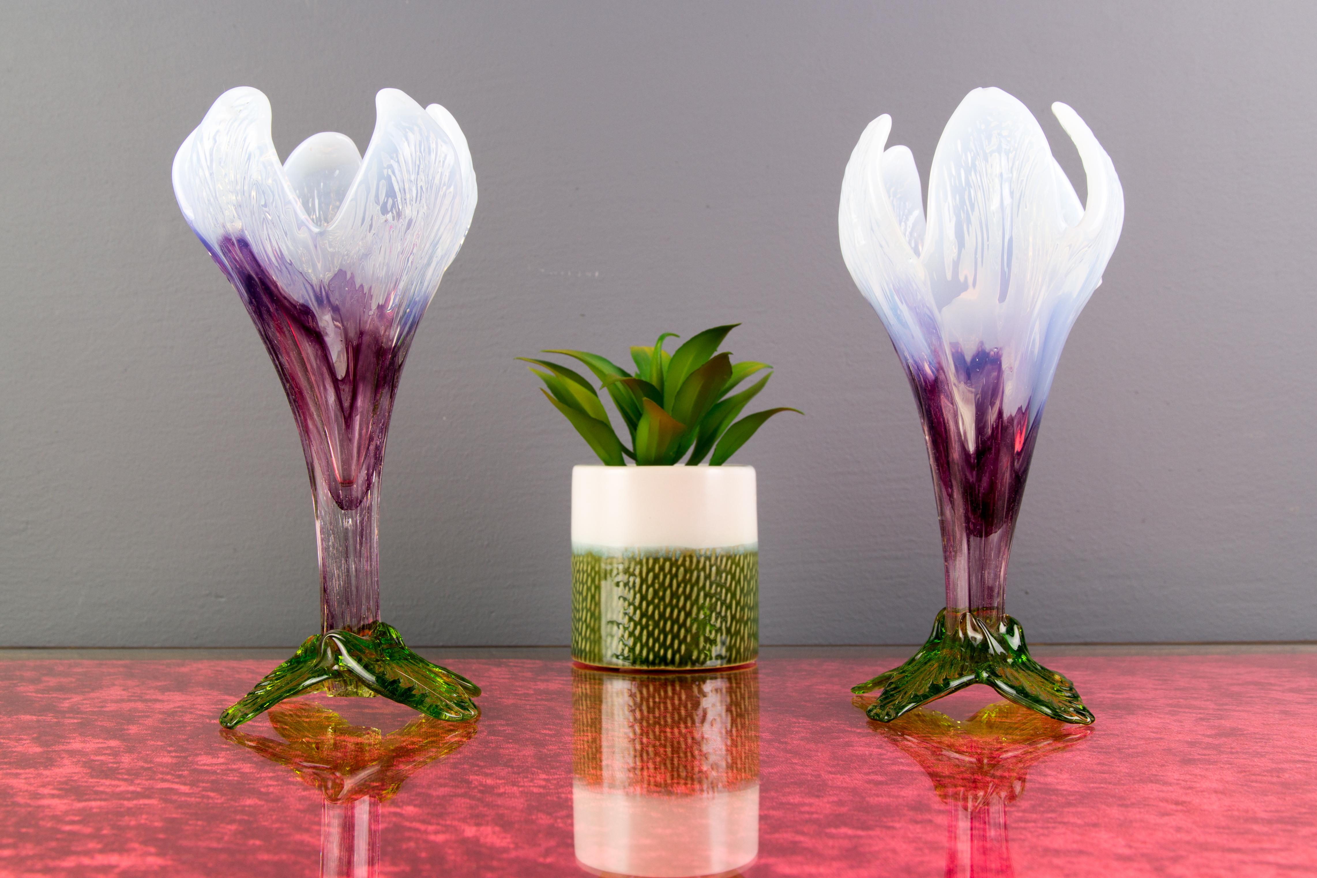 Czech Pair of Bohemian Floriform White, Purple and Green Art Glass Flower Vases