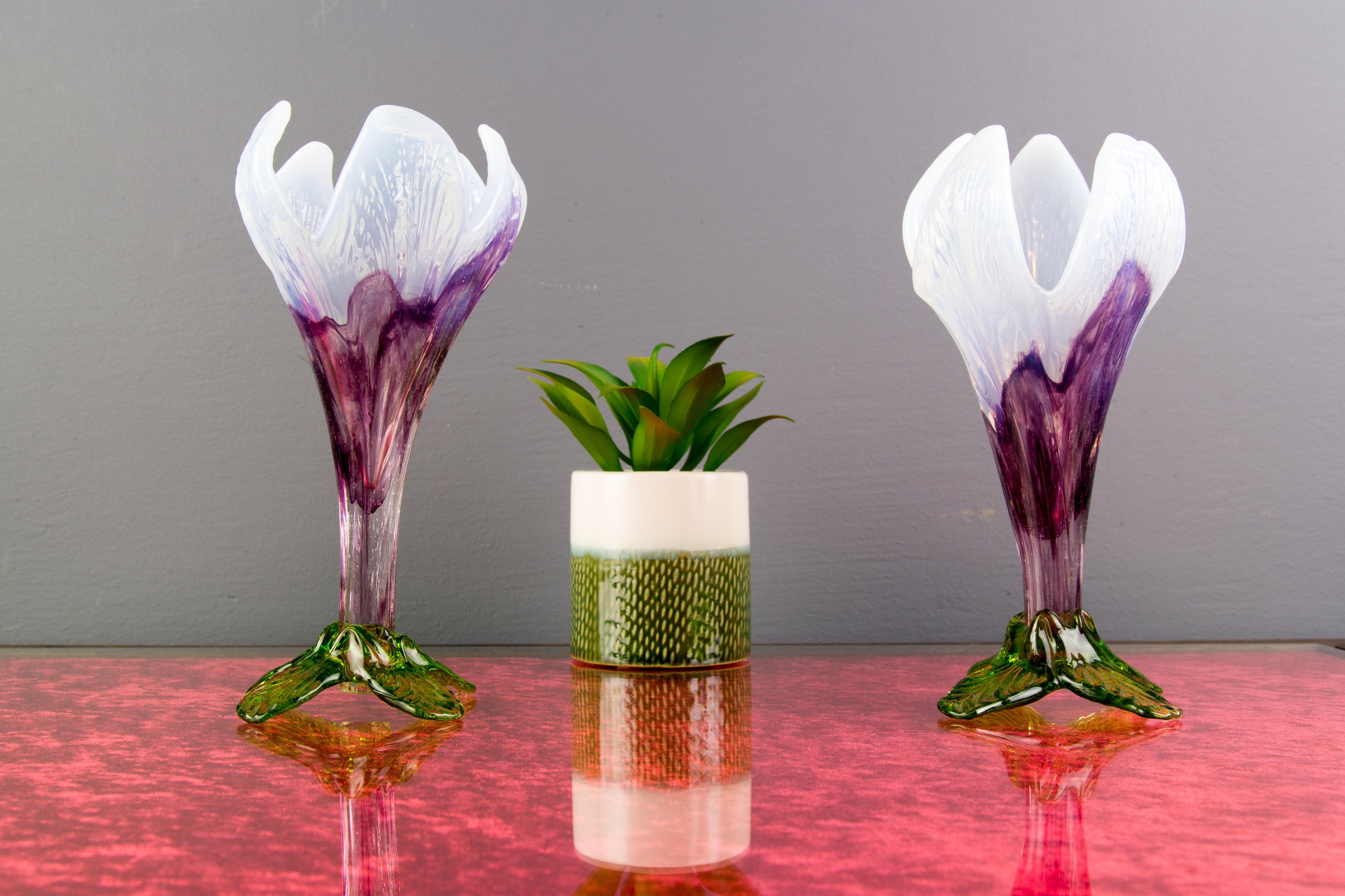 Pair of Bohemian Floriform White, Purple and Green Art Glass Flower Vases 1