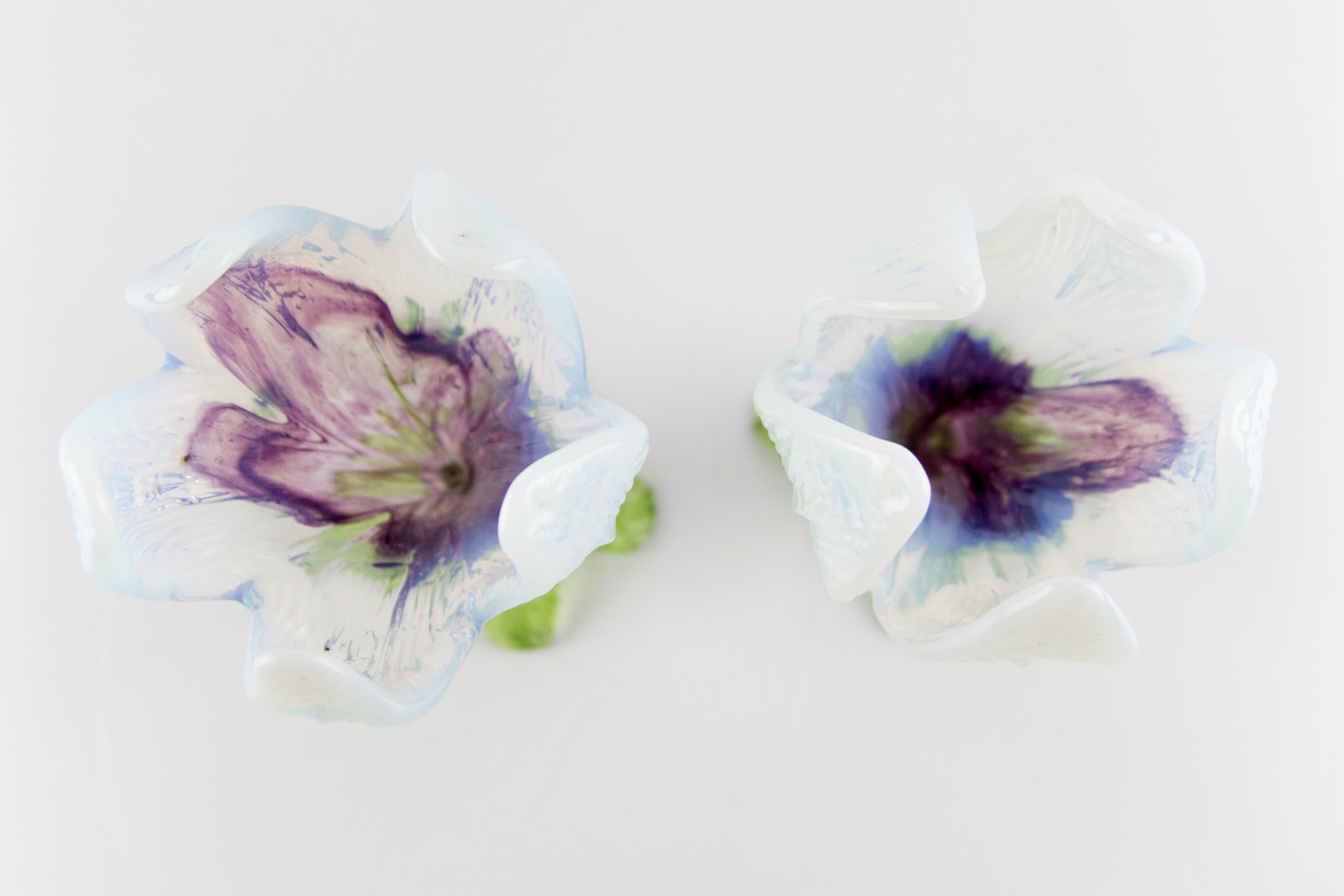 Pair of Bohemian Floriform White, Purple and Green Art Glass Flower Vases 2