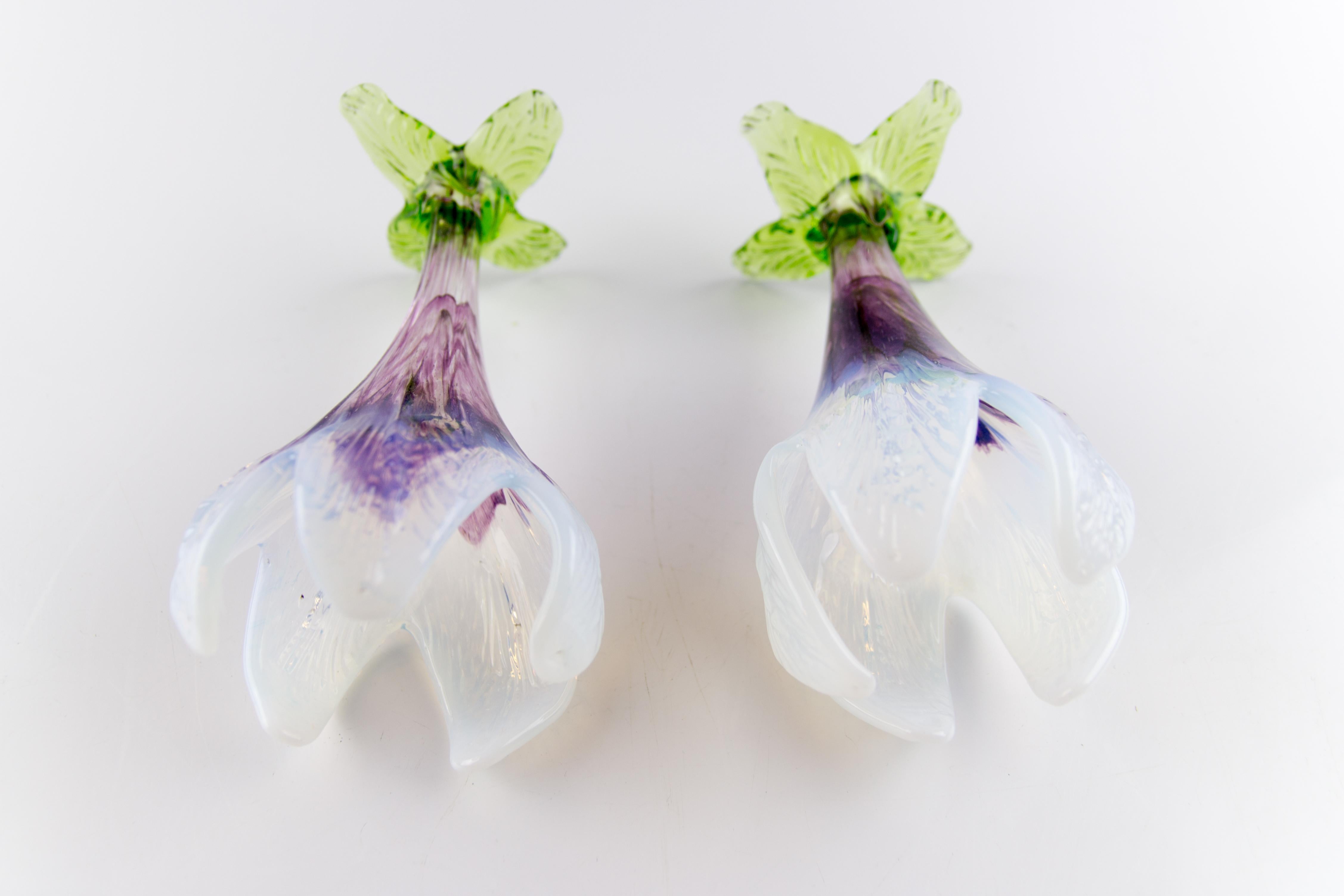 Pair of Bohemian Floriform White, Purple and Green Art Glass Flower Vases 3