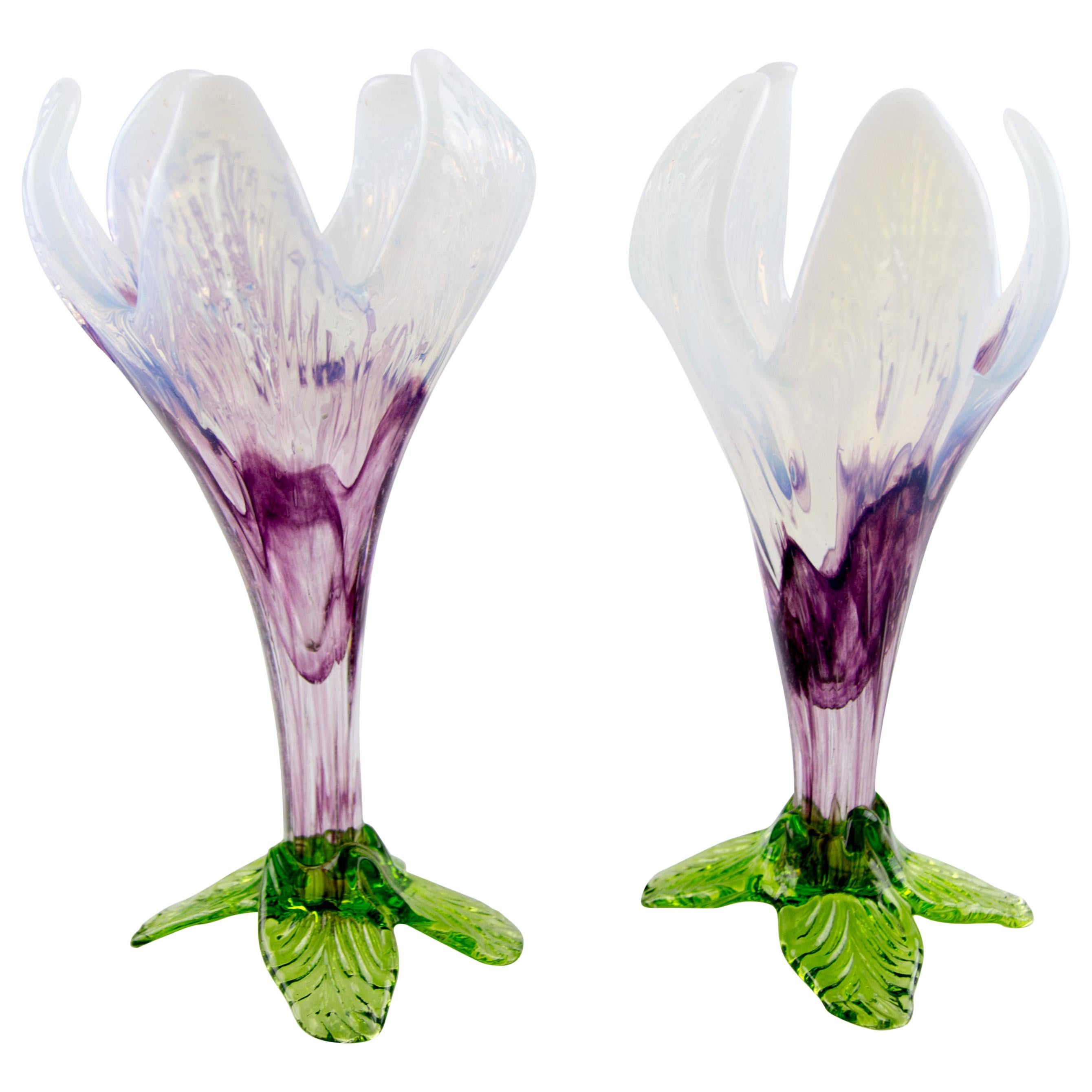 Pair of Bohemian Floriform White, Purple and Green Art Glass Flower Vases