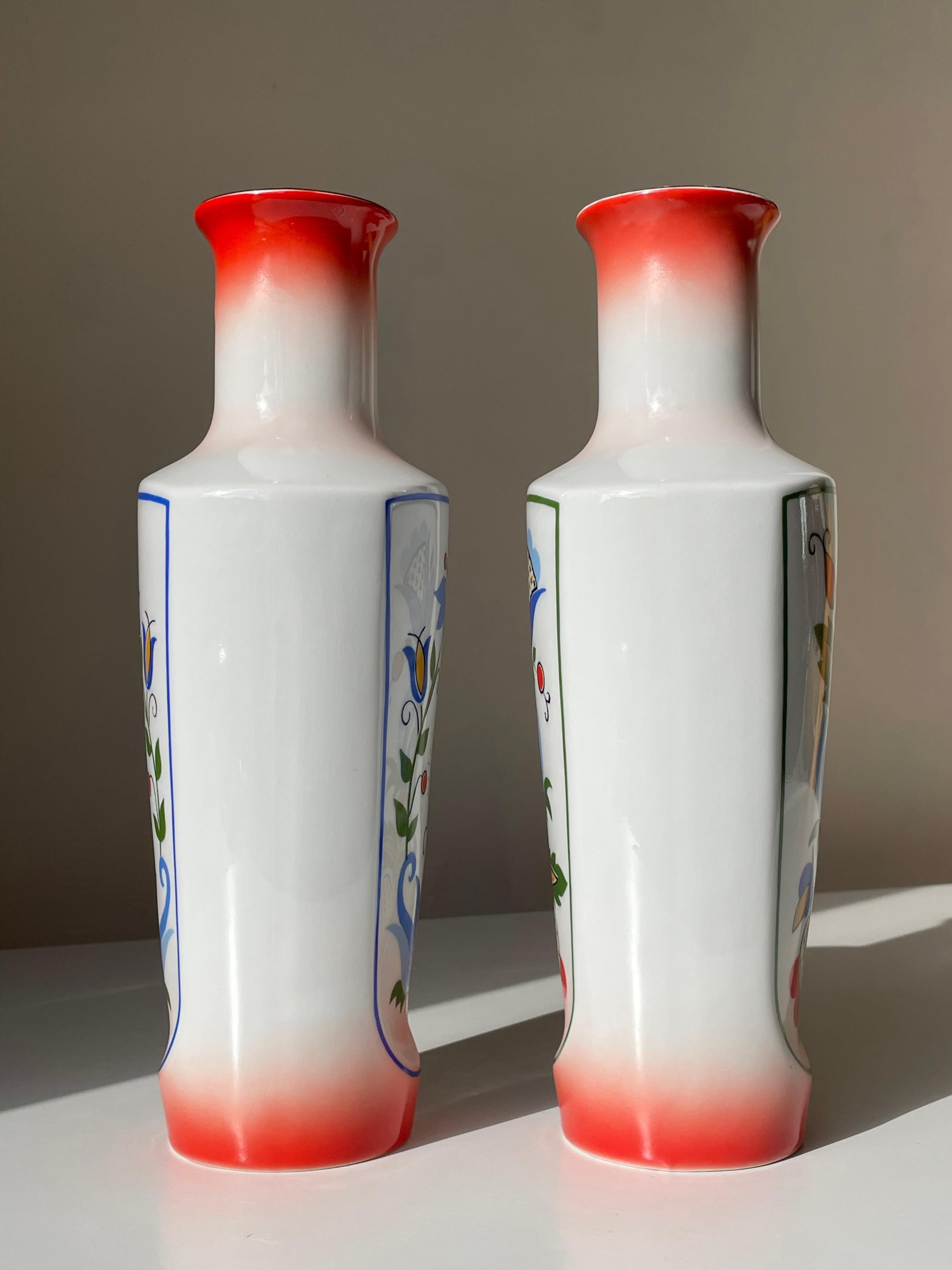 Polish Pair of Bohemian Folk Art Porcelain Vases, 1970s  For Sale