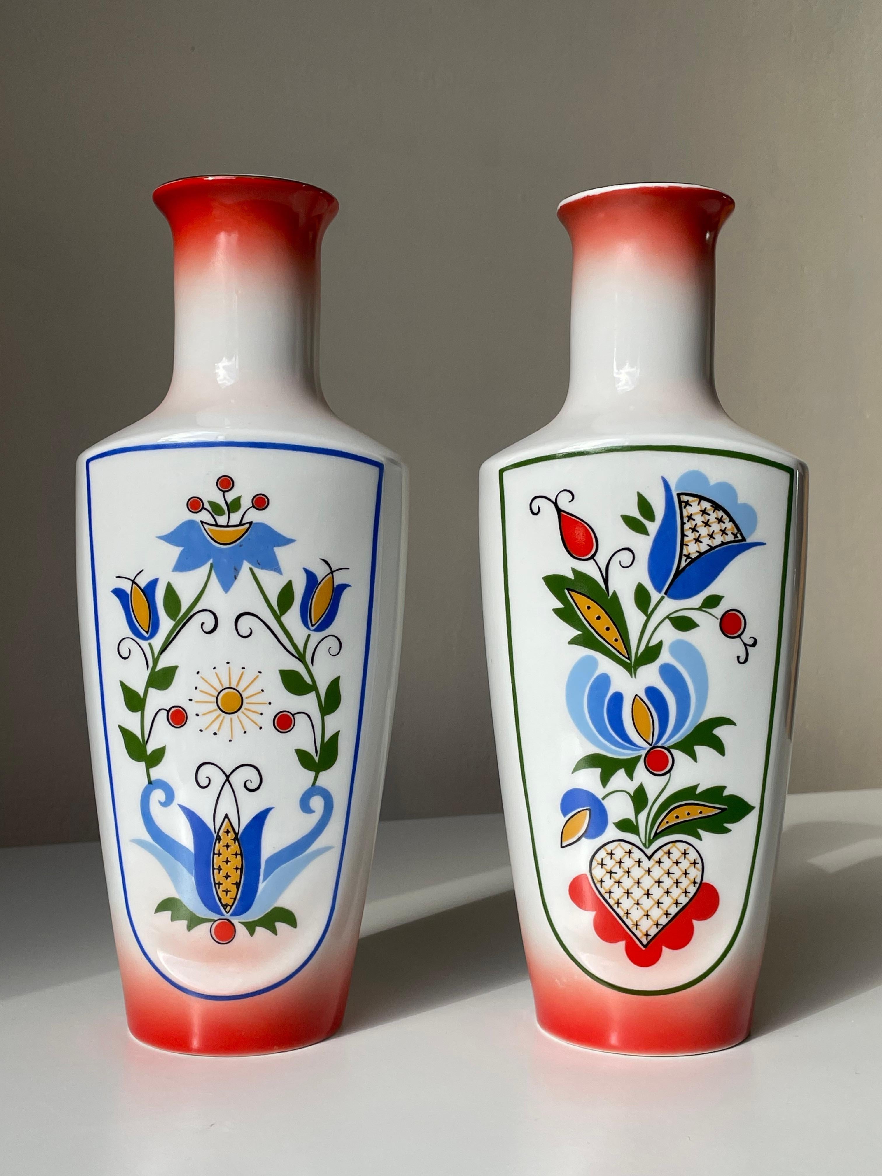 20th Century Pair of Bohemian Folk Art Porcelain Vases, 1970s  For Sale