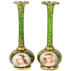 Pair of Bohemian Glass Soliflores, Gilded and Hand Painted, Napoleon III Period