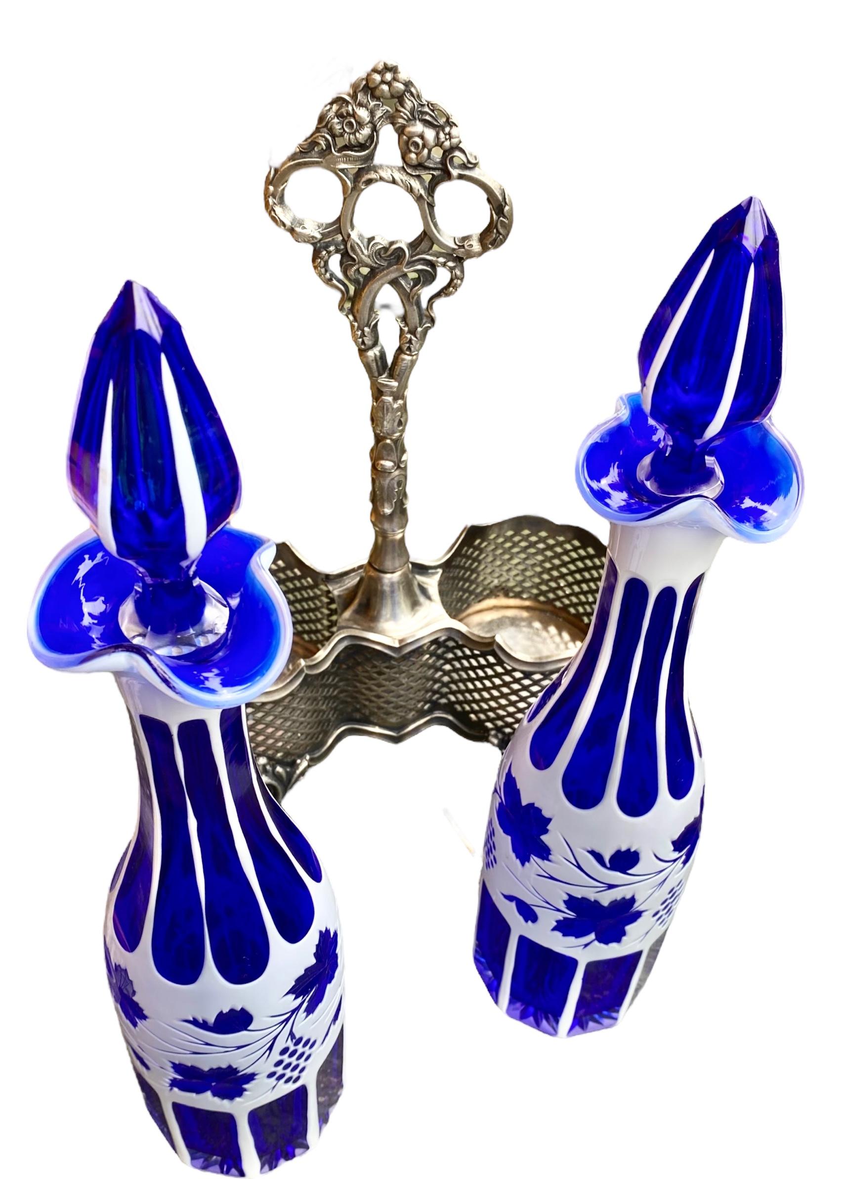 Pair of Bohemian Glass White over Blue Decanters in Britannia Metal Holder 10