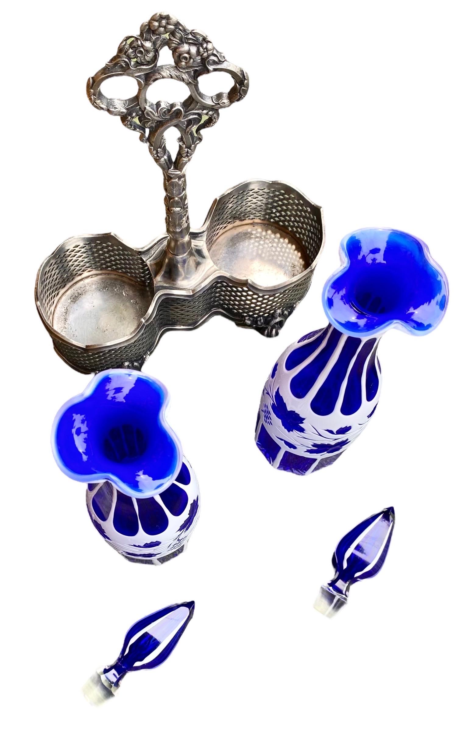 Hand-Crafted Pair of Bohemian Glass White over Blue Decanters in Britannia Metal Holder