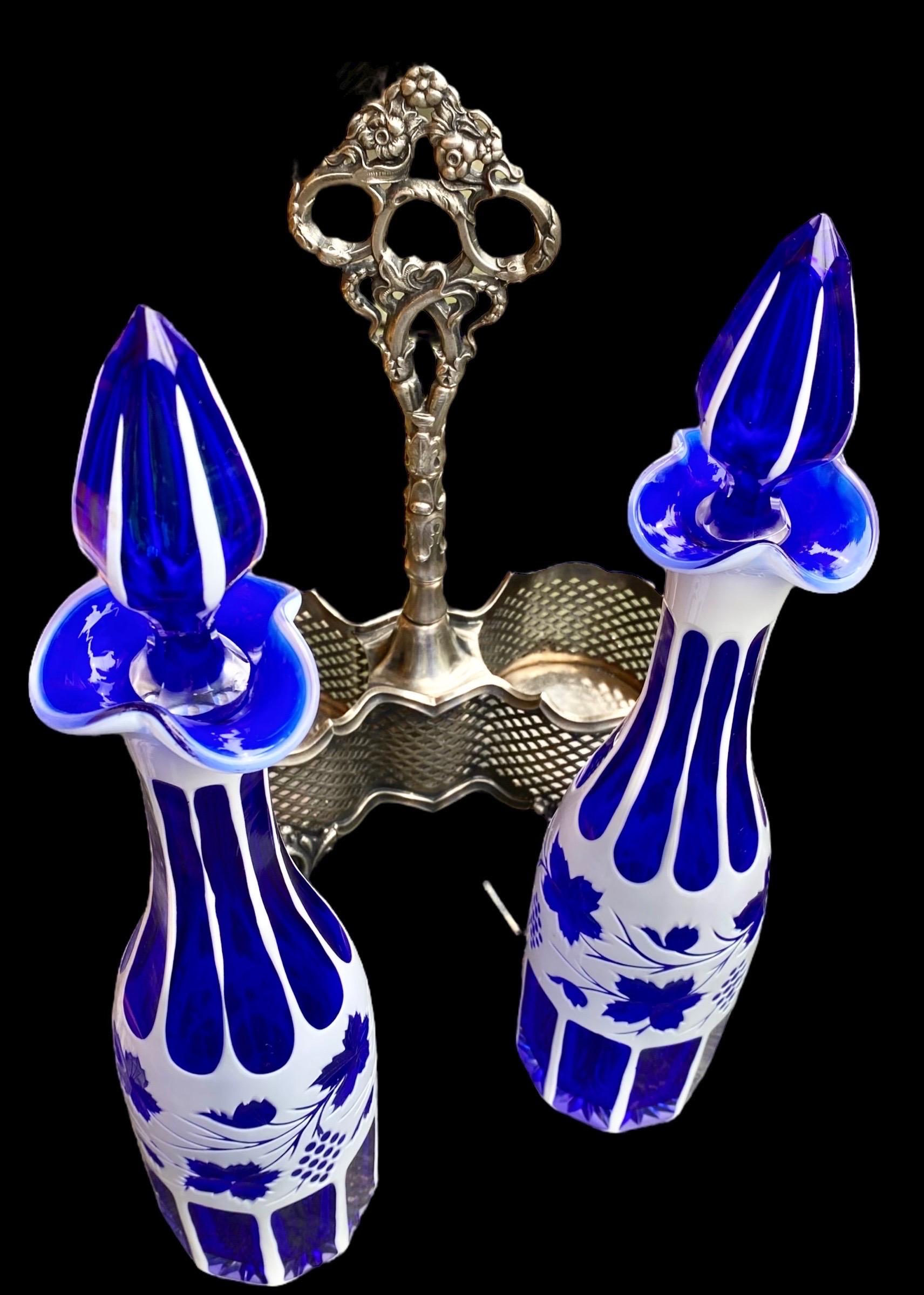 Pair of Bohemian Glass White over Blue Decanters in Britannia Metal Holder In Good Condition In New Orleans, LA