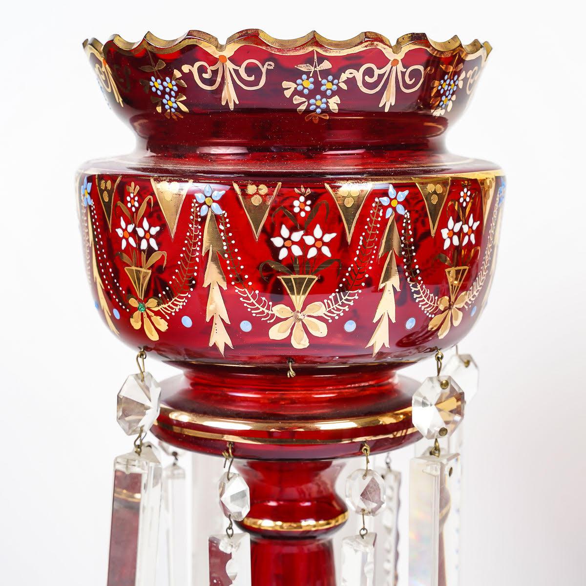 Pair of Bohemian Gold Enameled Pineapple Holders, Napoleon III period.

Pair of 19th century, Napoleon III period, gold-enameled Bohemian crystal pineapple holders, large crystal pendants.

Dimensions: h: 37cm, d: 18cm