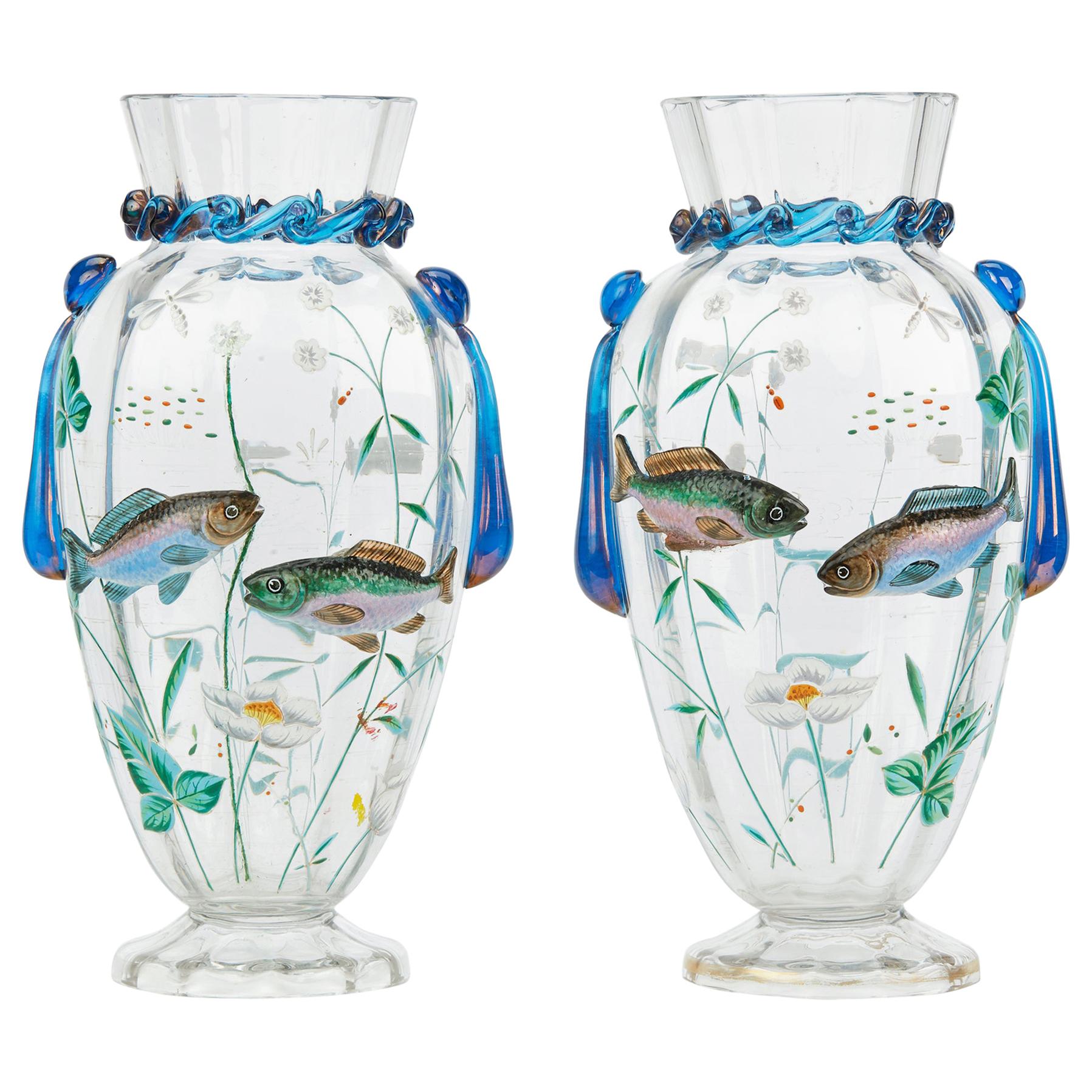 Pair of Bohemian Harrach Art Glass Vases Applied with Fish, circa 1900