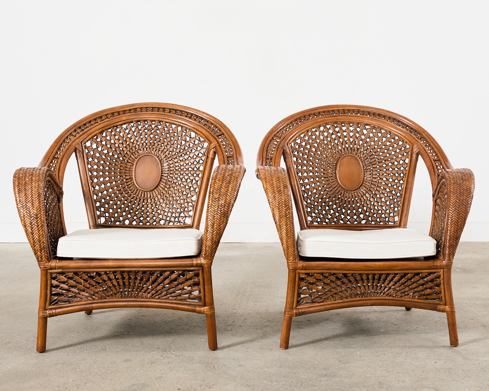 Hand-Crafted Pair of Bohemian Peacock Style Rattan Wicker Lounge Chairs