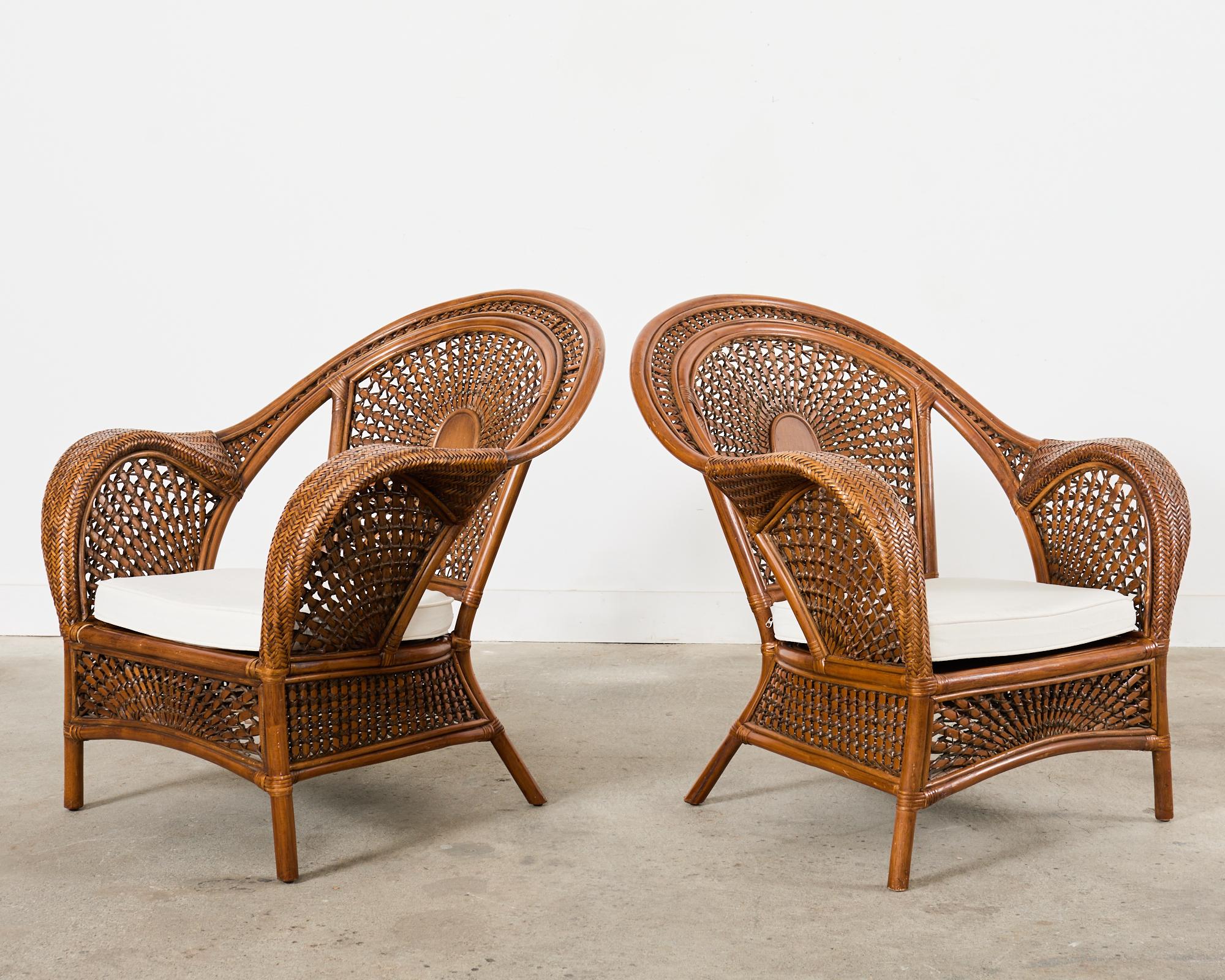 Pair of Bohemian Peacock Style Rattan Wicker Lounge Chairs In Good Condition In Rio Vista, CA