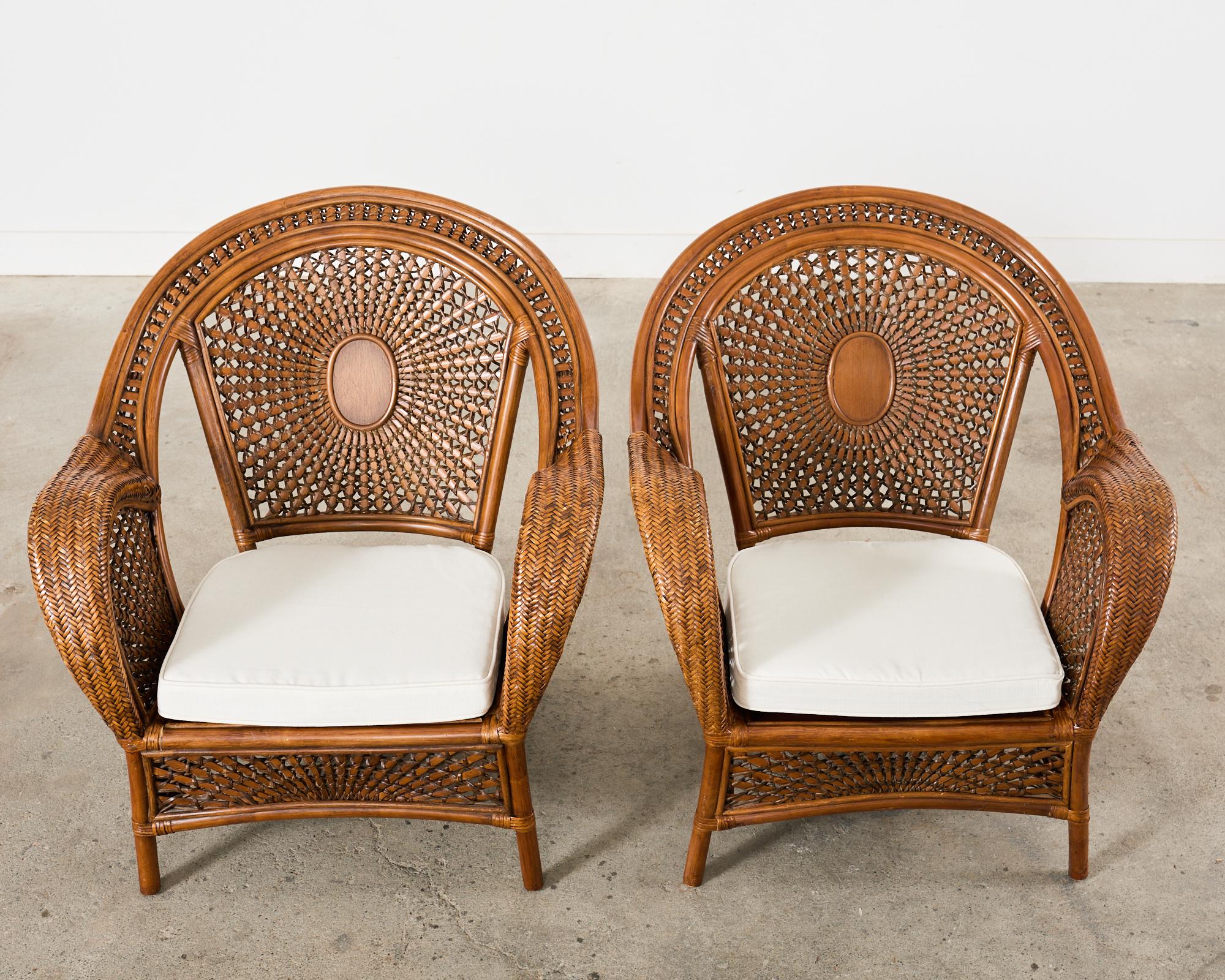 20th Century Pair of Bohemian Peacock Style Rattan Wicker Lounge Chairs