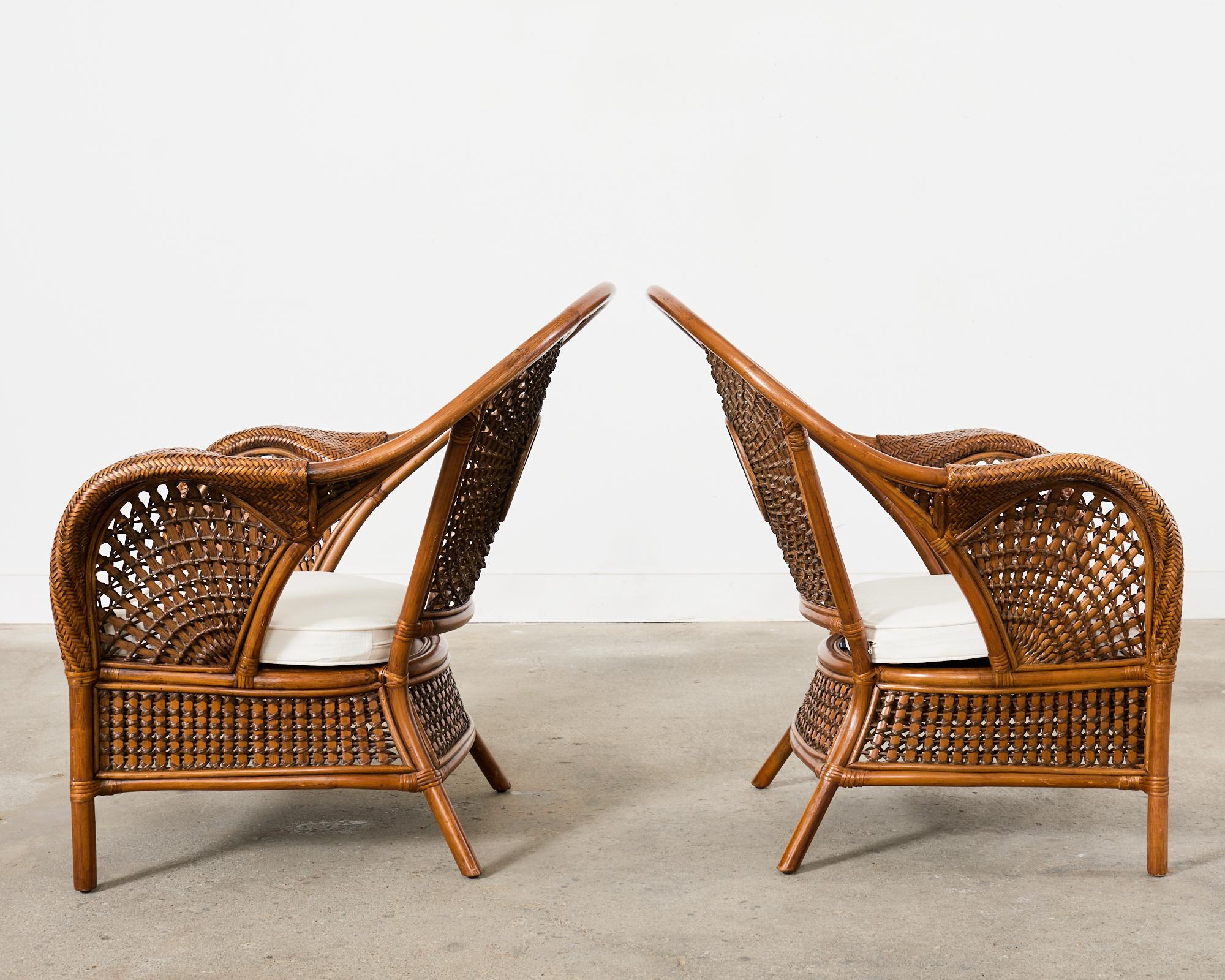 Bamboo Pair of Bohemian Peacock Style Rattan Wicker Lounge Chairs