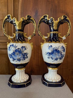 Pair of Bohemian Porcelain Royal Dux Cobalt Blue, White and Gold Vases