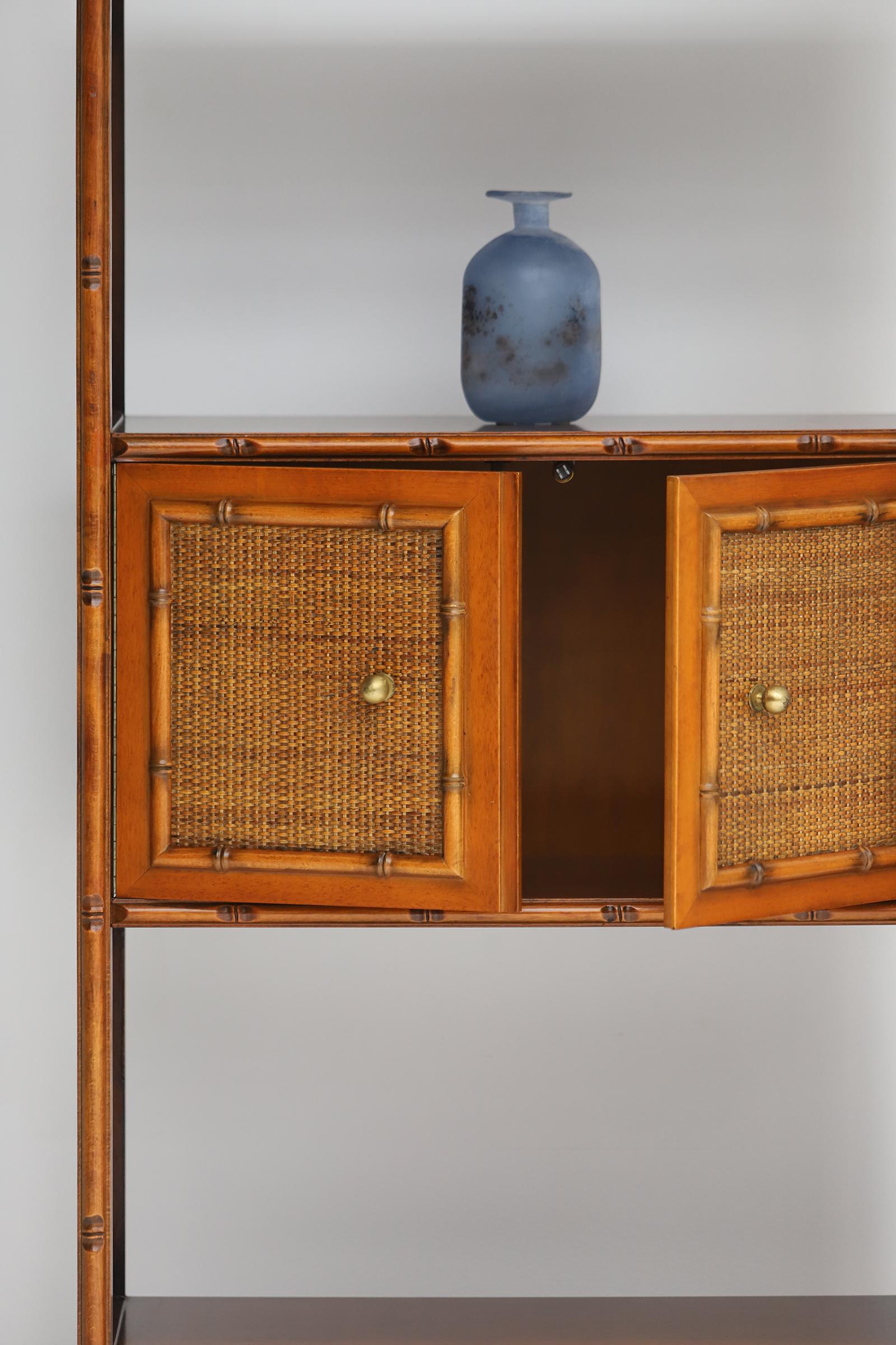 Pair of bohemian rattan bookcases / unit with arch top and brass details 1970 3