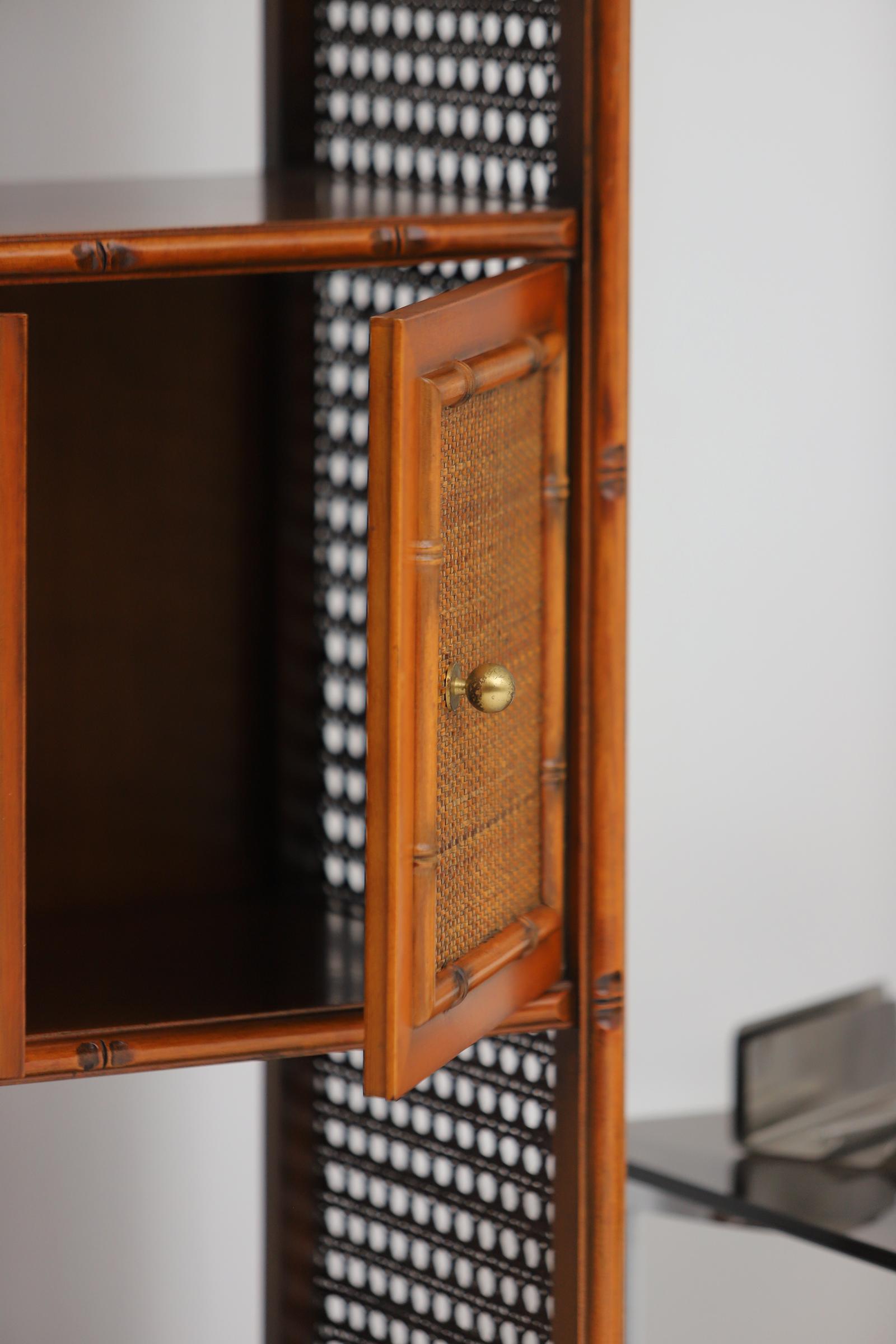Pair of bohemian rattan bookcases / unit with arch top and brass details 1970 4