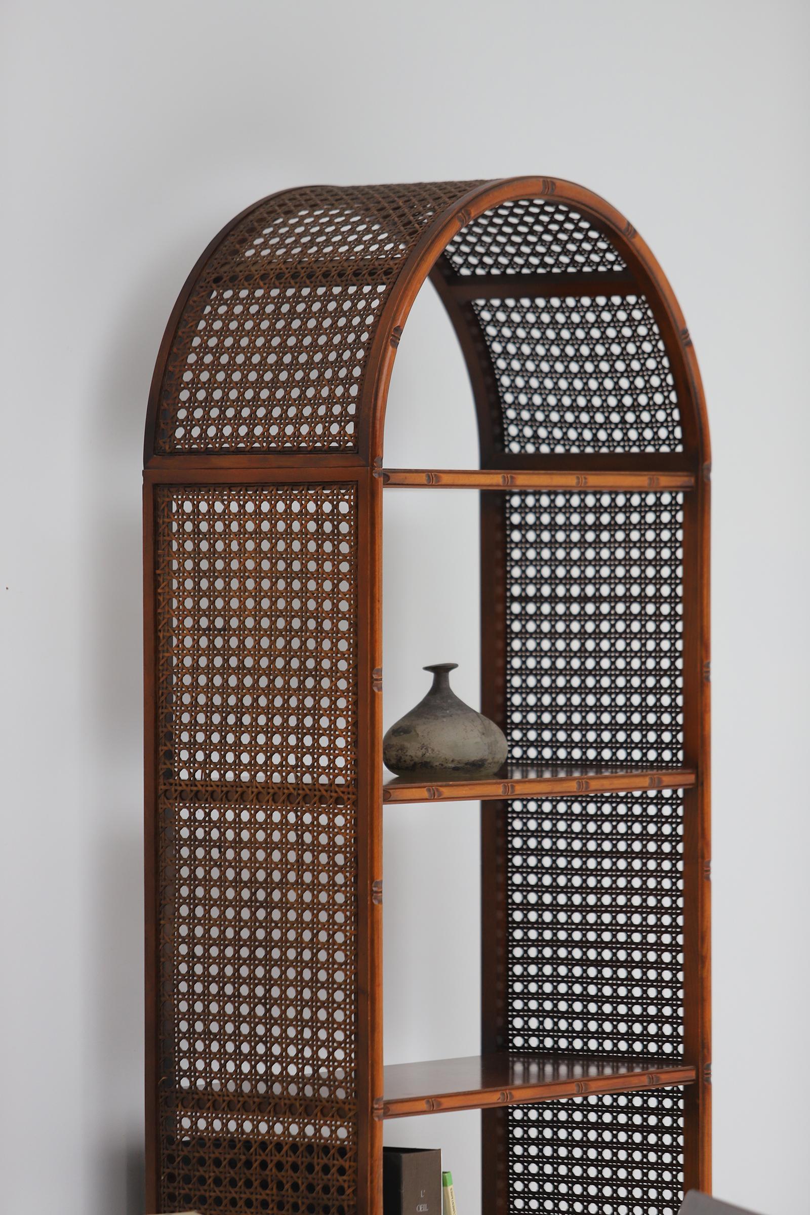 Pair of bohemian rattan bookcases / unit with arch top and brass details 1970 5