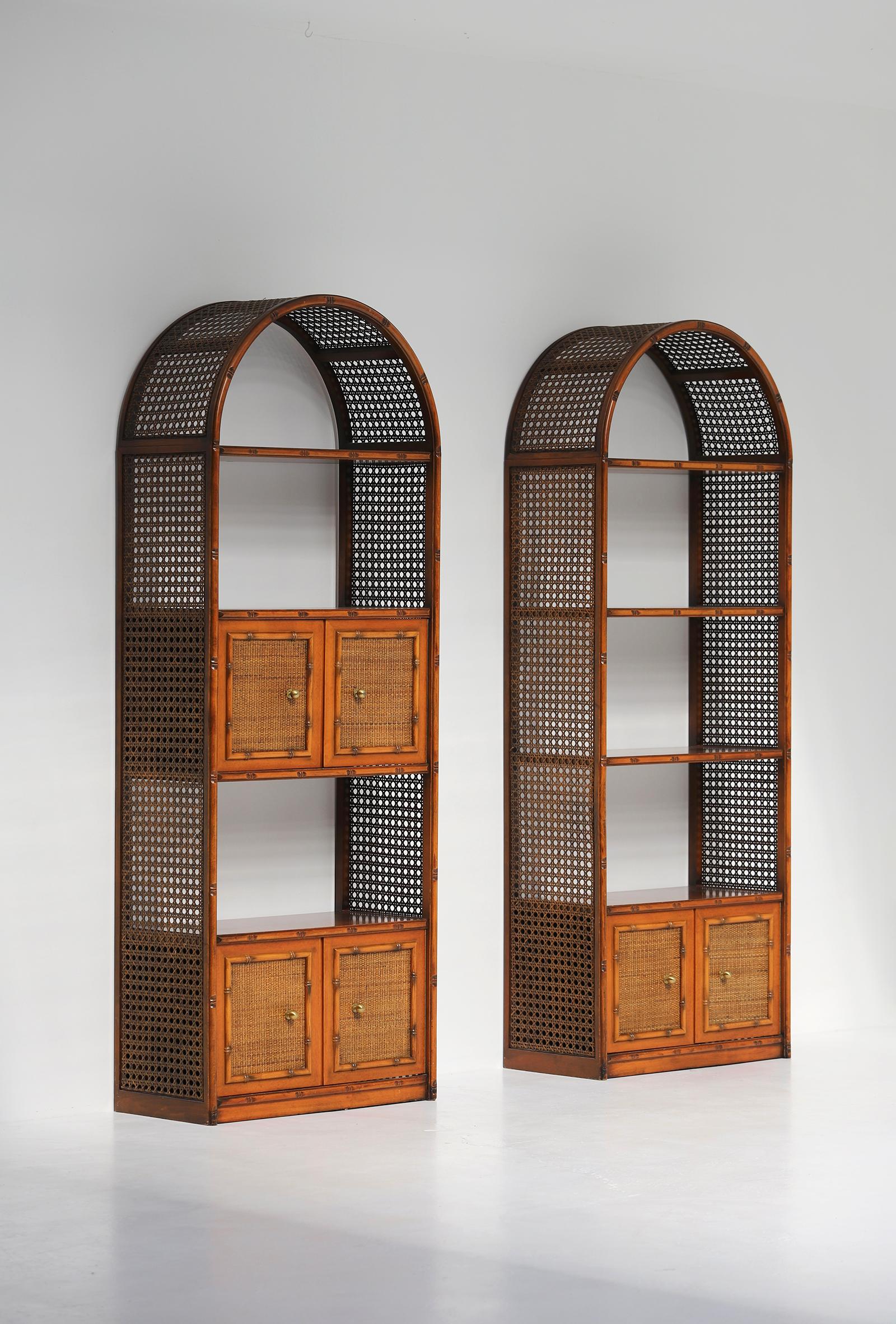 Pair of bohemian rattan bookcases / unit with arch top and brass details 1970 6