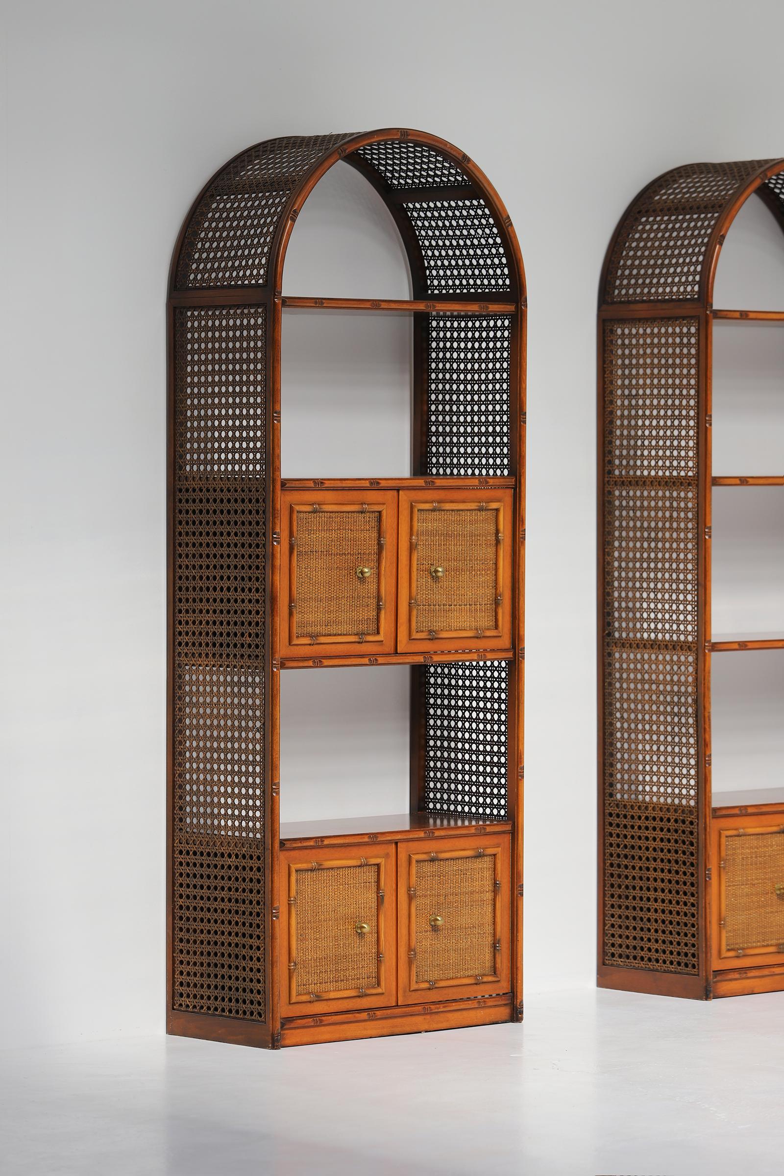 Pair of bohemian rattan bookcases / unit with arch top and brass details 1970 7