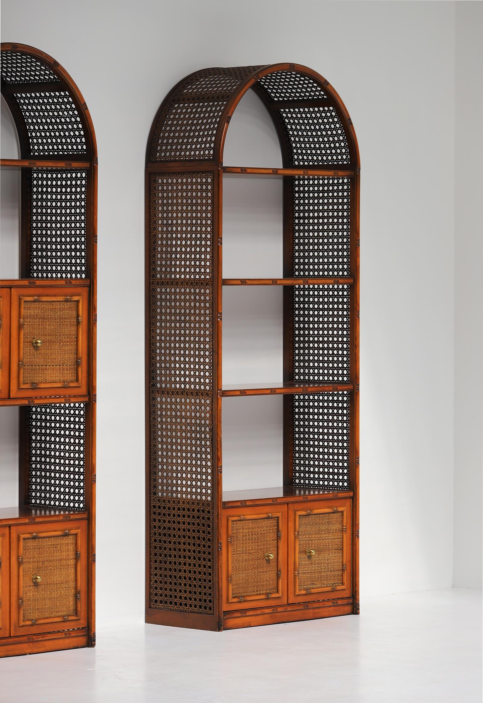 Pair of bohemian rattan bookcases / unit with arch top and brass details 1970 8