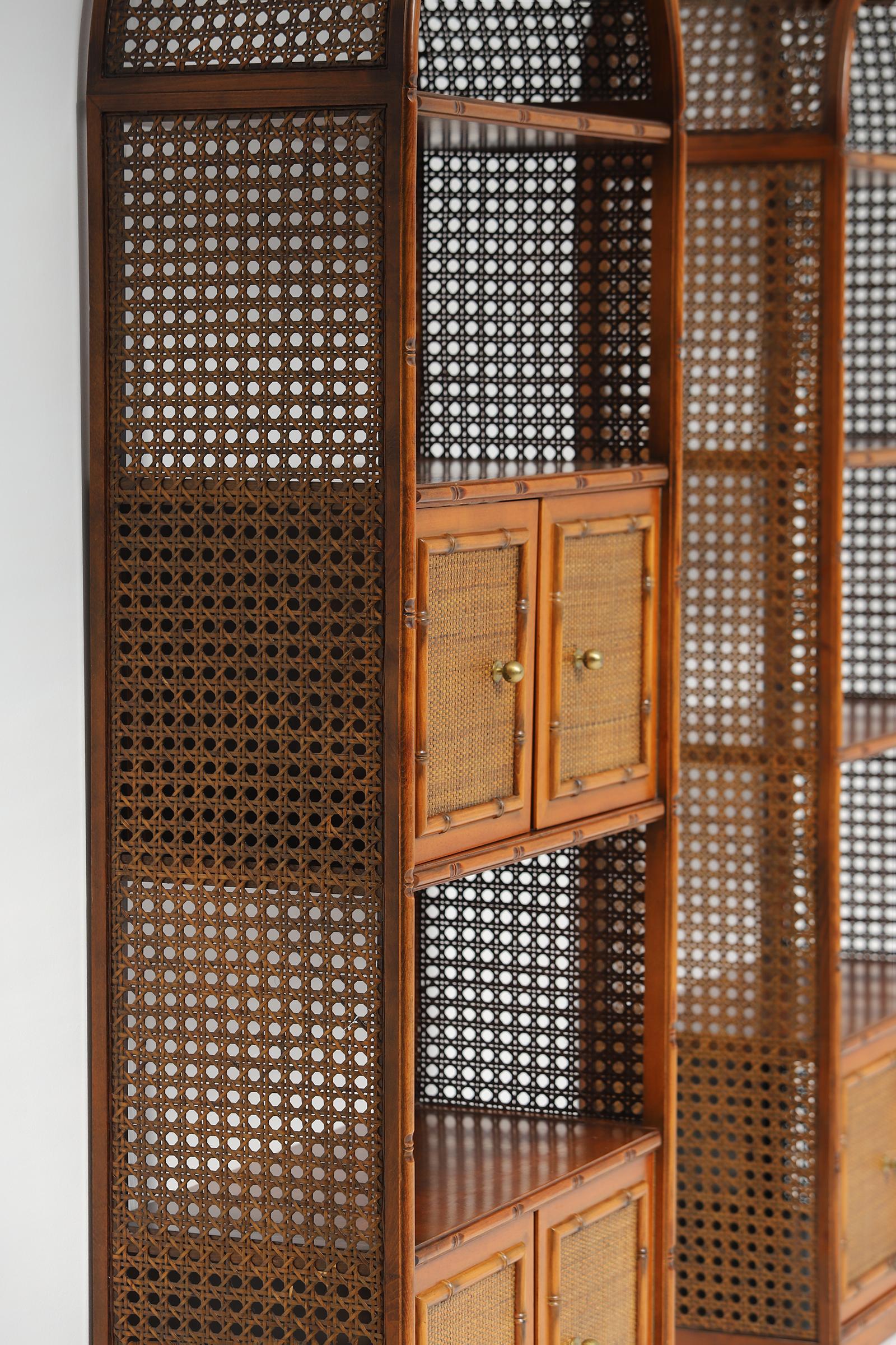 Pair of bohemian rattan bookcases / unit with arch top and brass details 1970 9