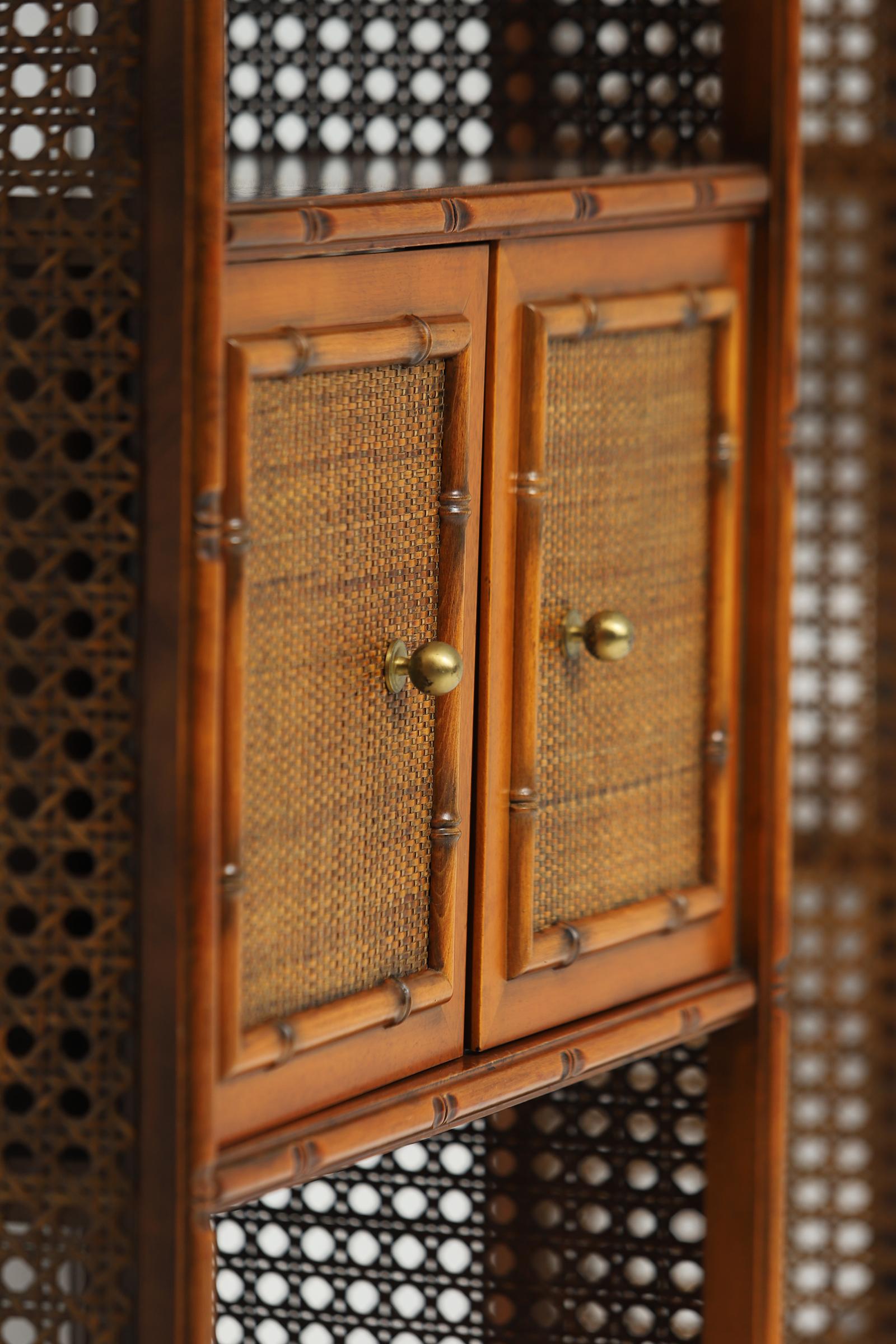 Pair of bohemian rattan bookcases / unit with arch top and brass details 1970 10