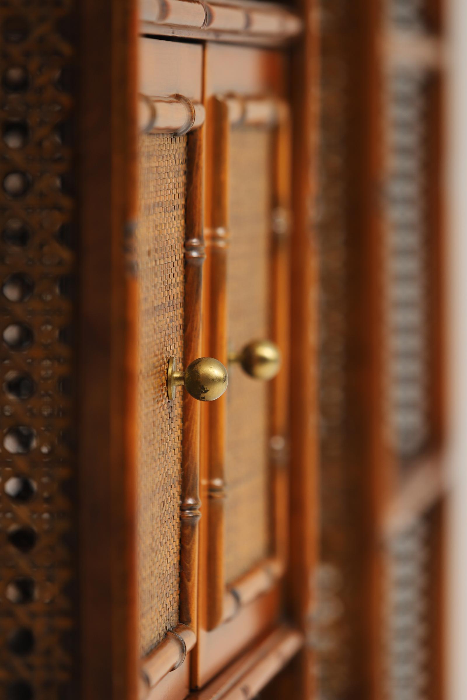 Pair of bohemian rattan bookcases / unit with arch top and brass details 1970 11