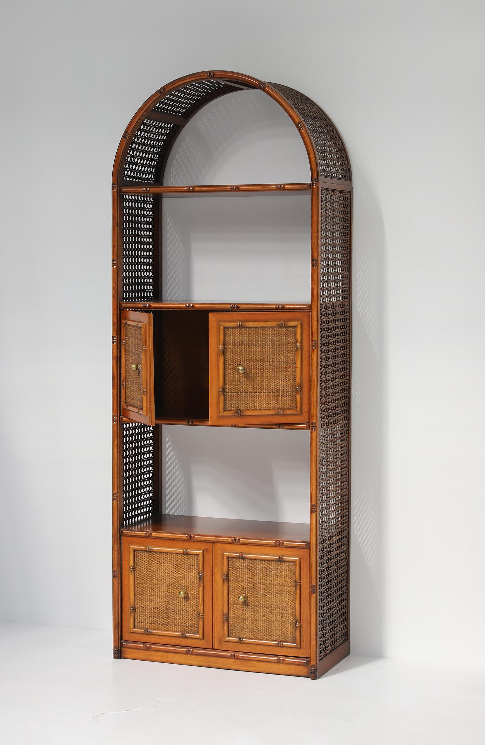 Pair of bohemian rattan bookcases / unit with arch top and brass details 1970 12