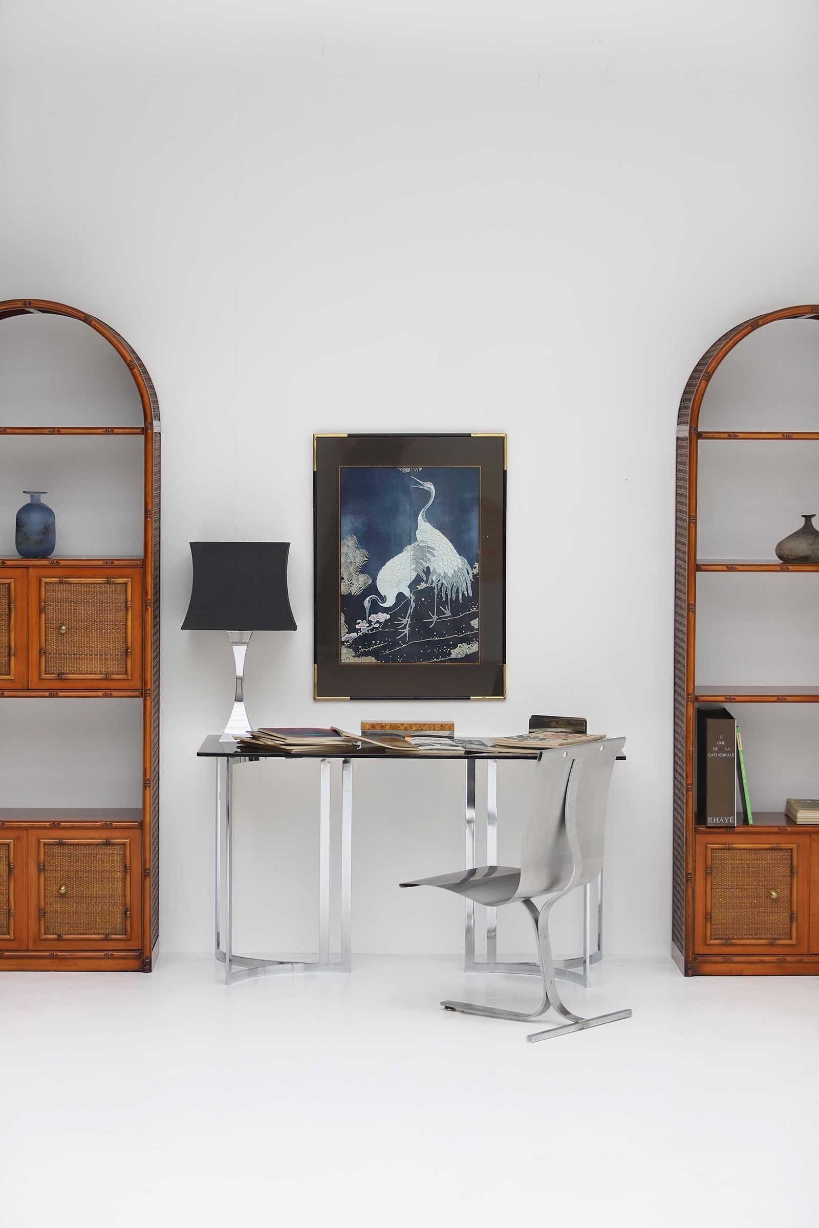 Bohemian Pair of bohemian rattan bookcases / unit with arch top and brass details 1970