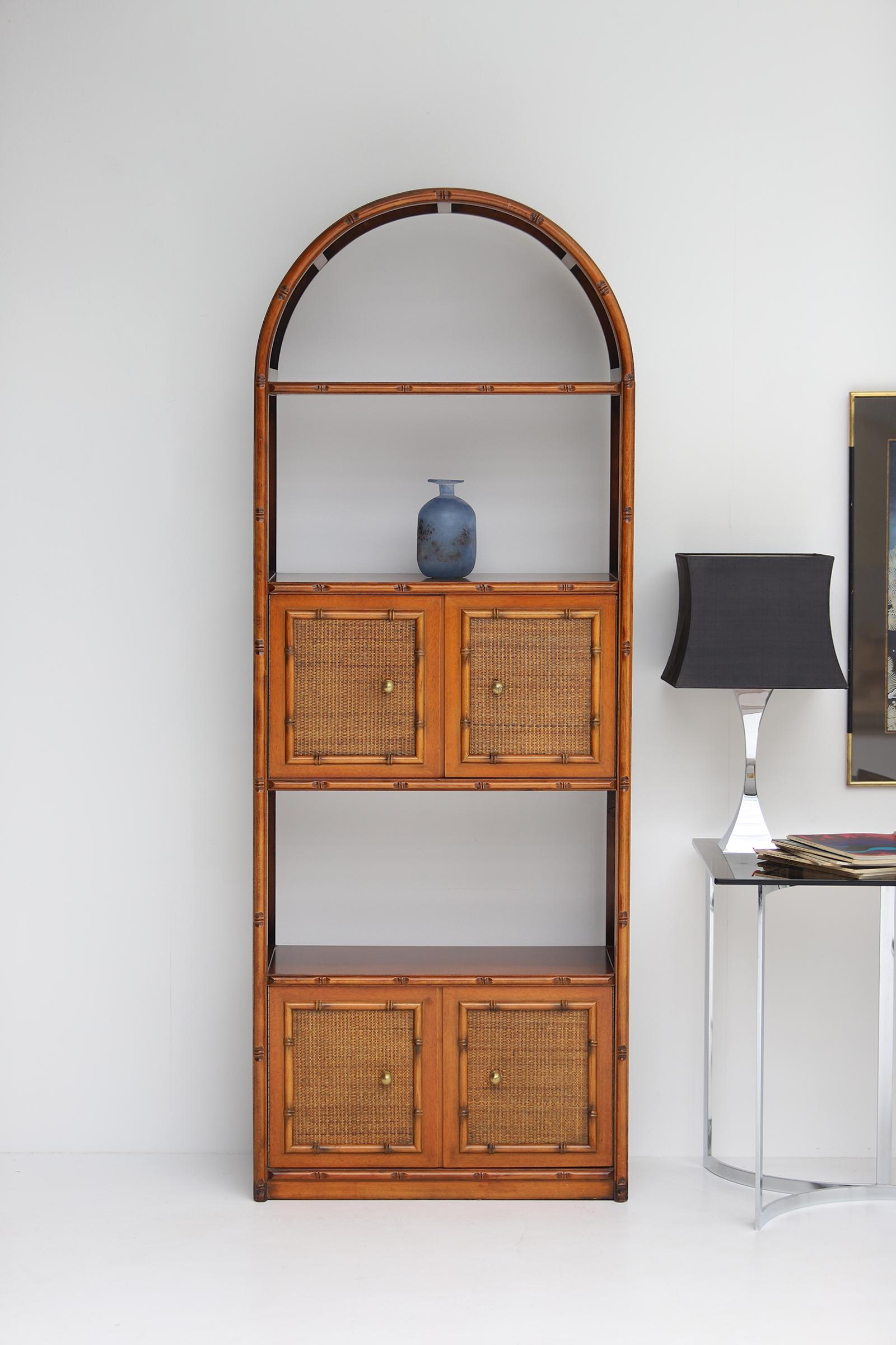 Unknown Pair of bohemian rattan bookcases / unit with arch top and brass details 1970