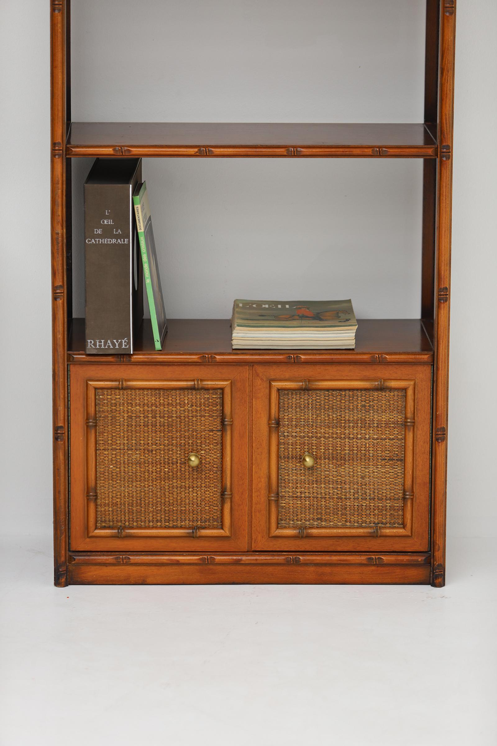 Late 20th Century Pair of bohemian rattan bookcases / unit with arch top and brass details 1970
