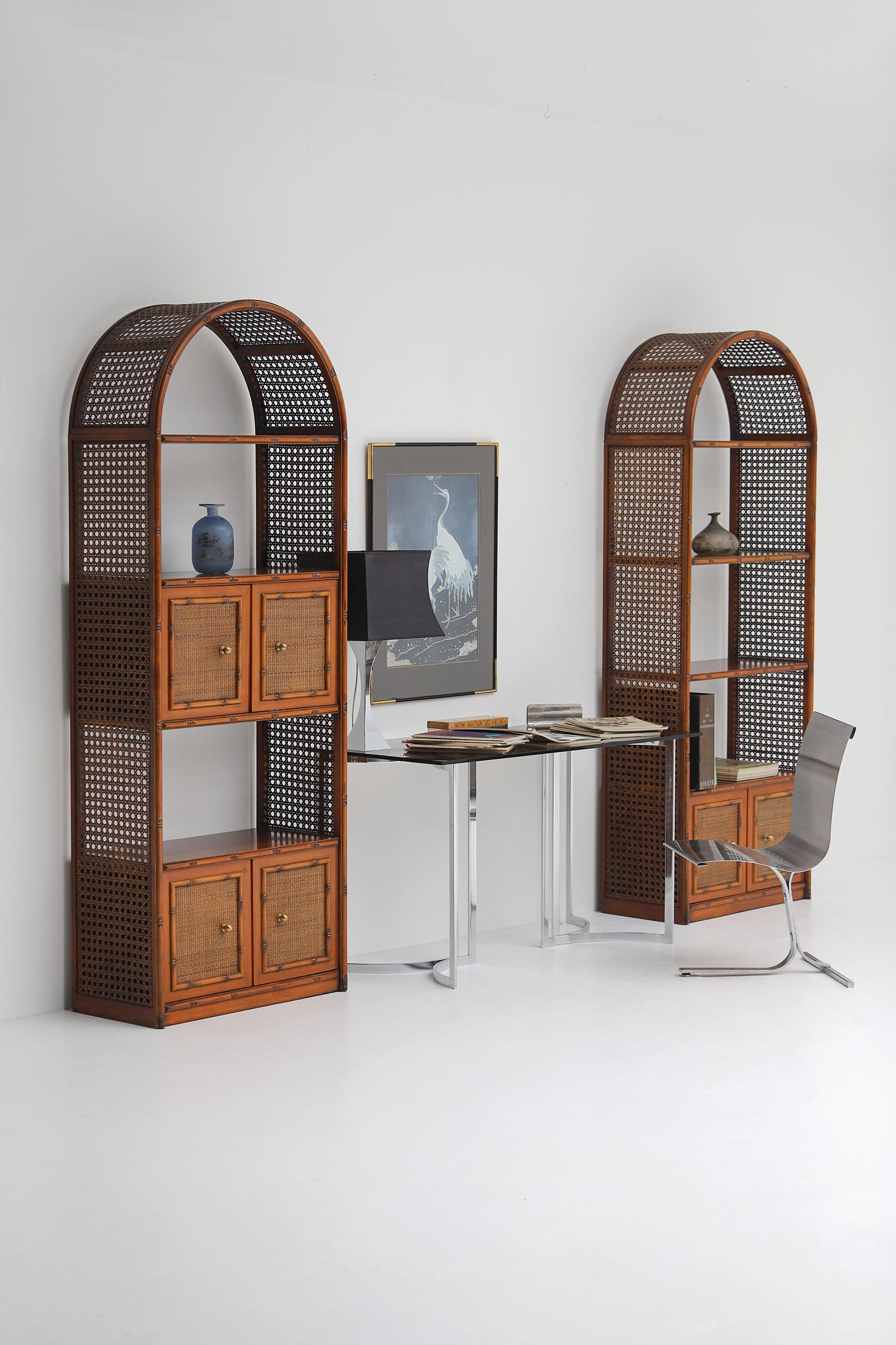 Brass Pair of bohemian rattan bookcases / unit with arch top and brass details 1970