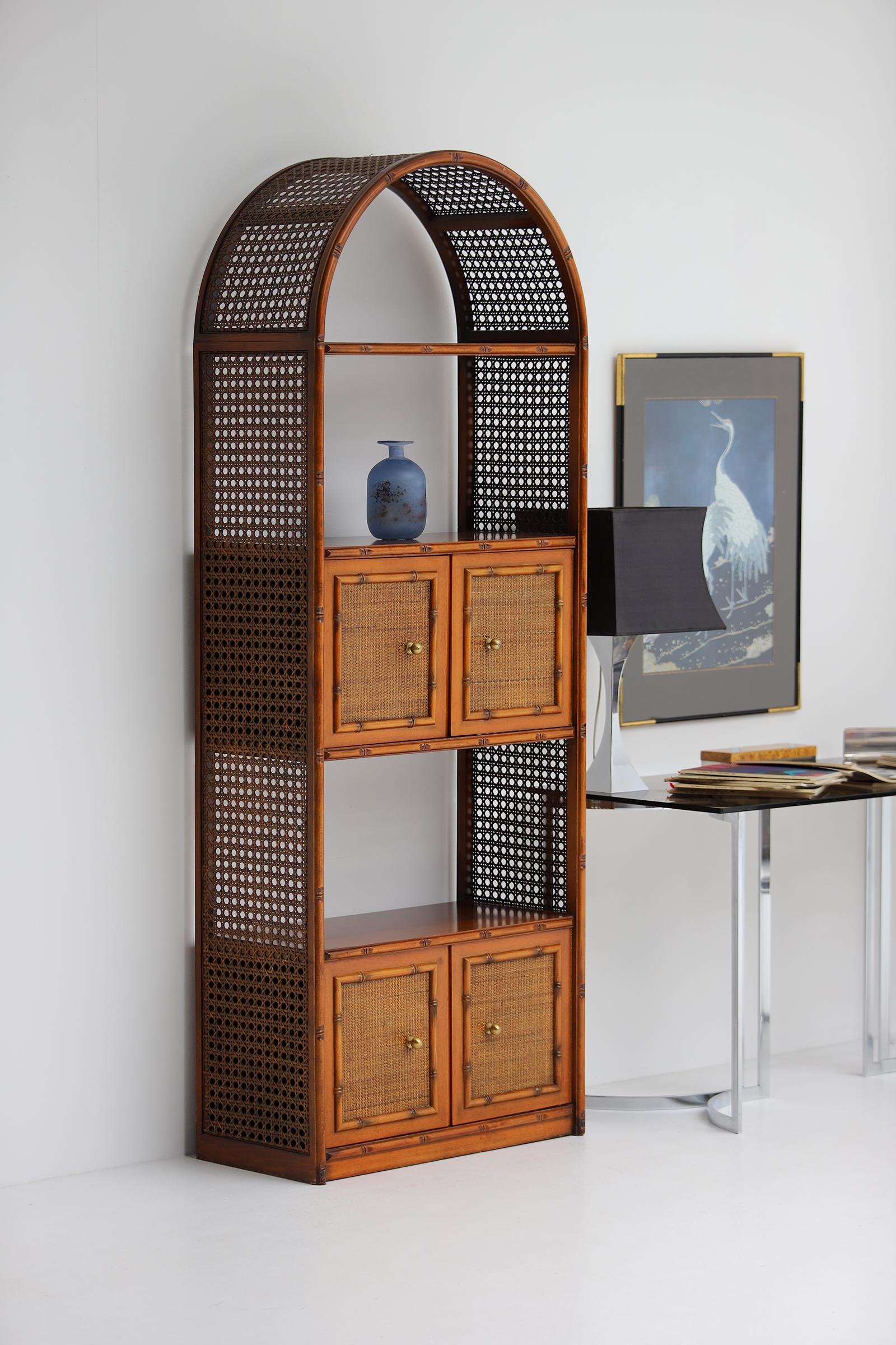 Pair of bohemian rattan bookcases / unit with arch top and brass details 1970 1