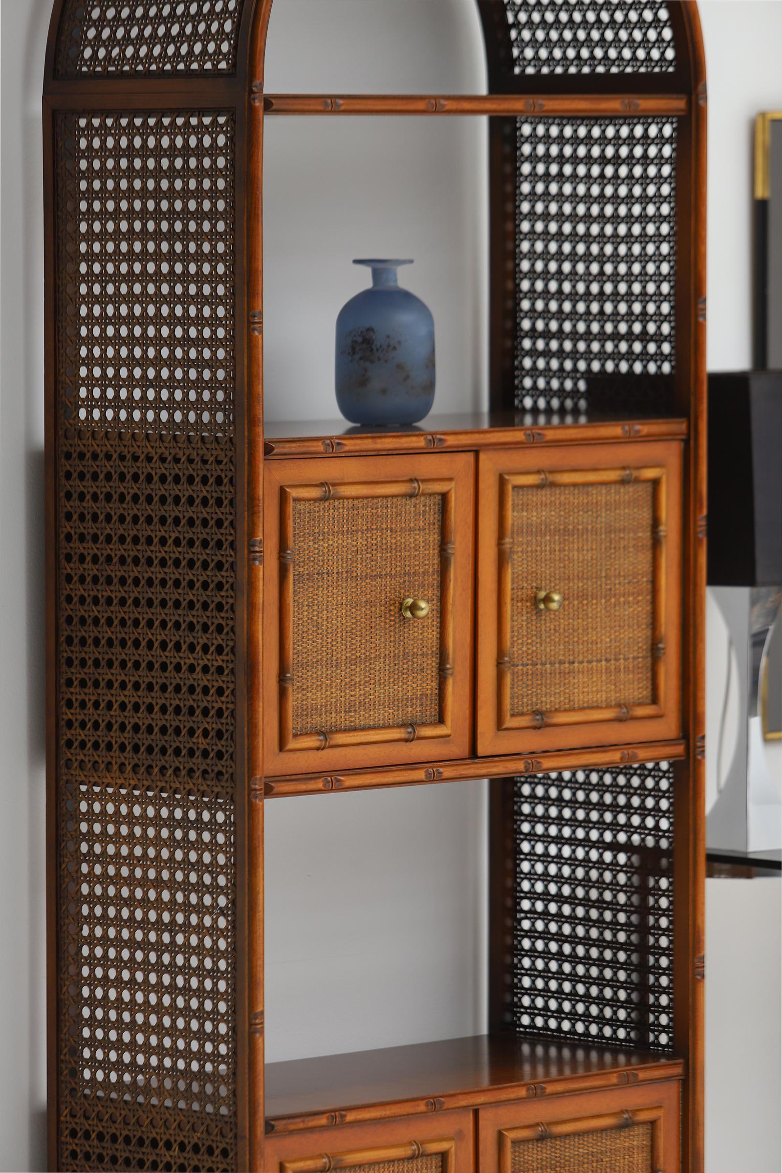 Pair of bohemian rattan bookcases / unit with arch top and brass details 1970 2