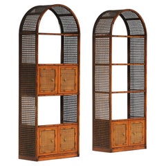 Pair of bohemian rattan bookcases / unit with arch top and brass details 1970