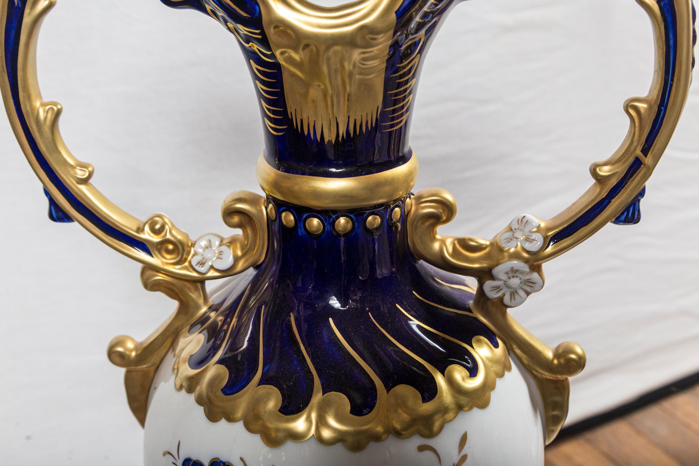 German Pair of Bohemian Royal Dux Blue, White and Gold Double Handled Vases
