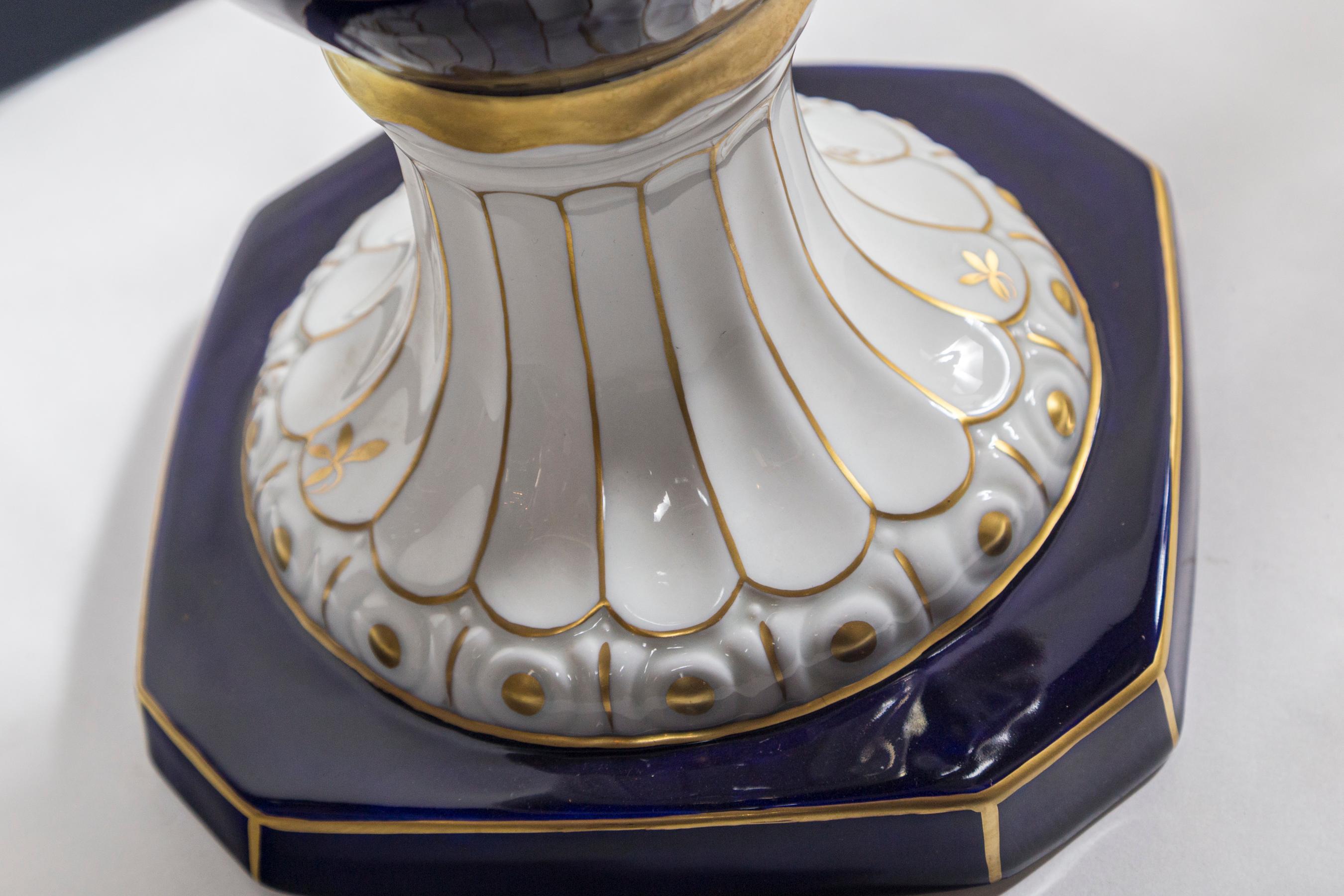 Glazed Pair of Bohemian Royal Dux Blue, White and Gold Double Handled Vases