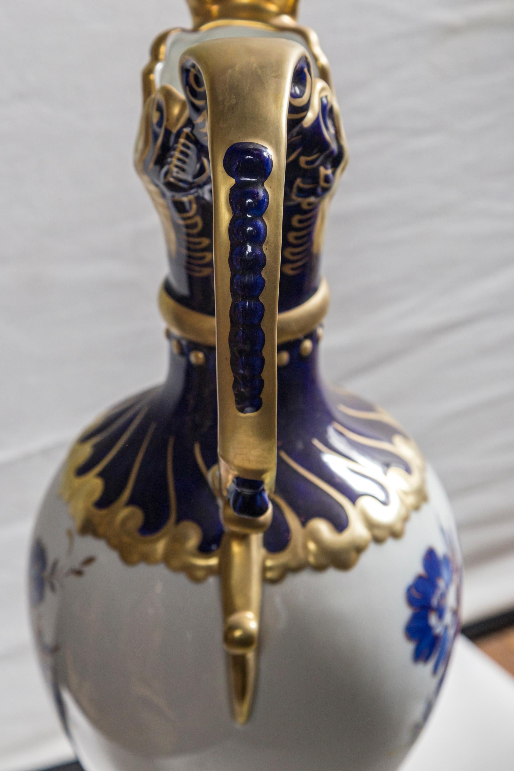Pair of Bohemian Royal Dux Blue, White and Gold Double Handled Vases In Good Condition In Woodbury, CT